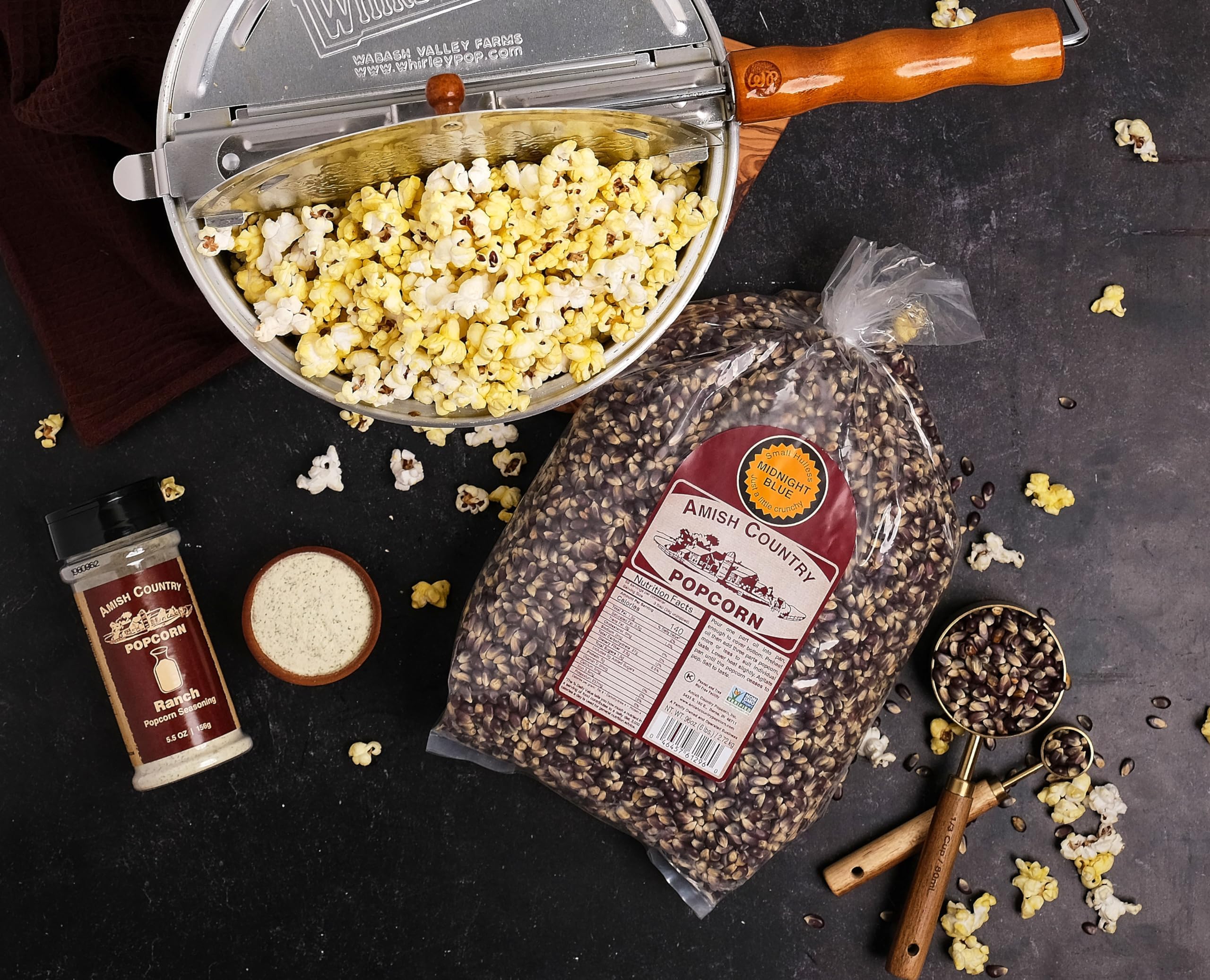 Amish Country Popcorn packaging shows Non-GMO and Gluten Free icons.