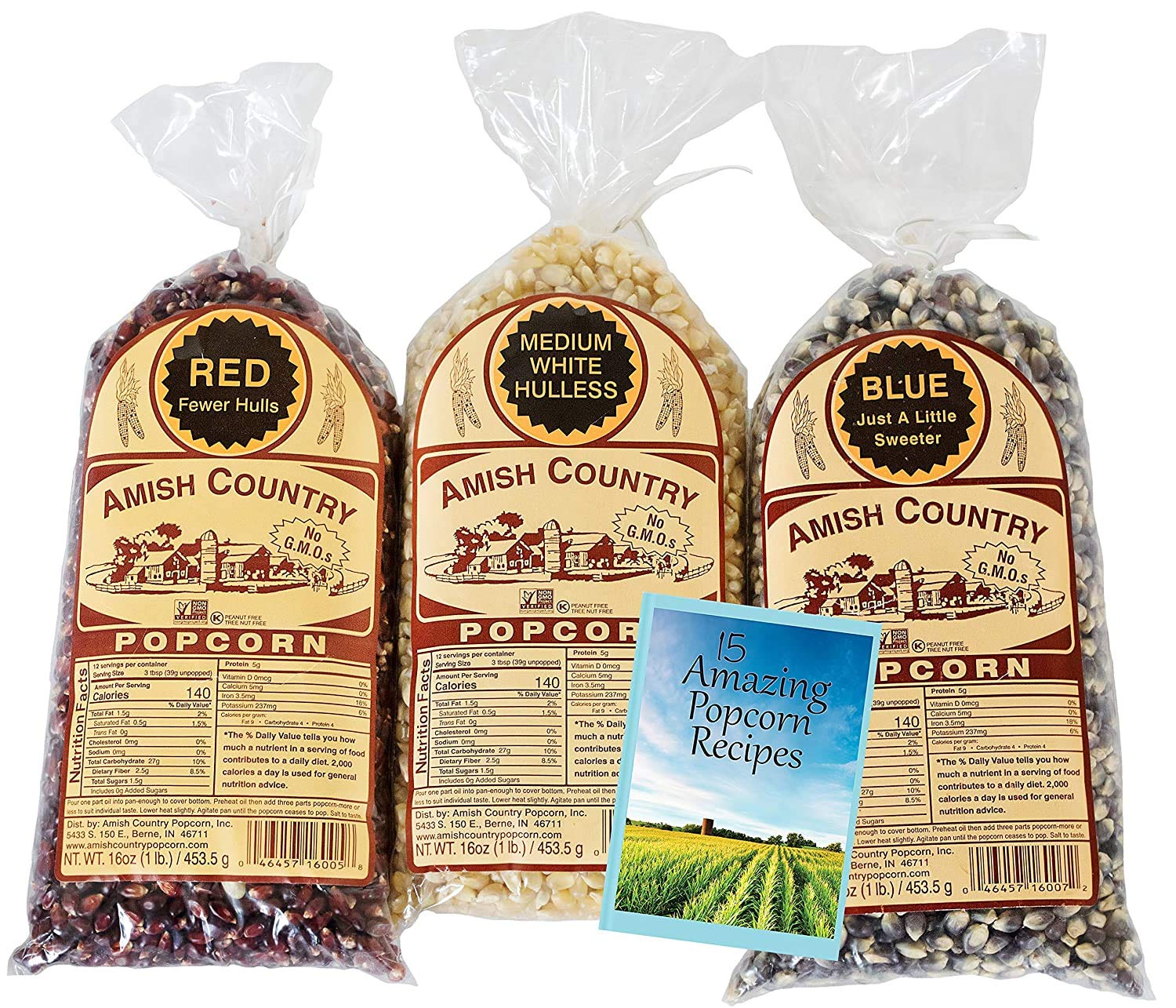 Amish Country Popcorn non-GMO and gluten-free label supports mindful snacking.