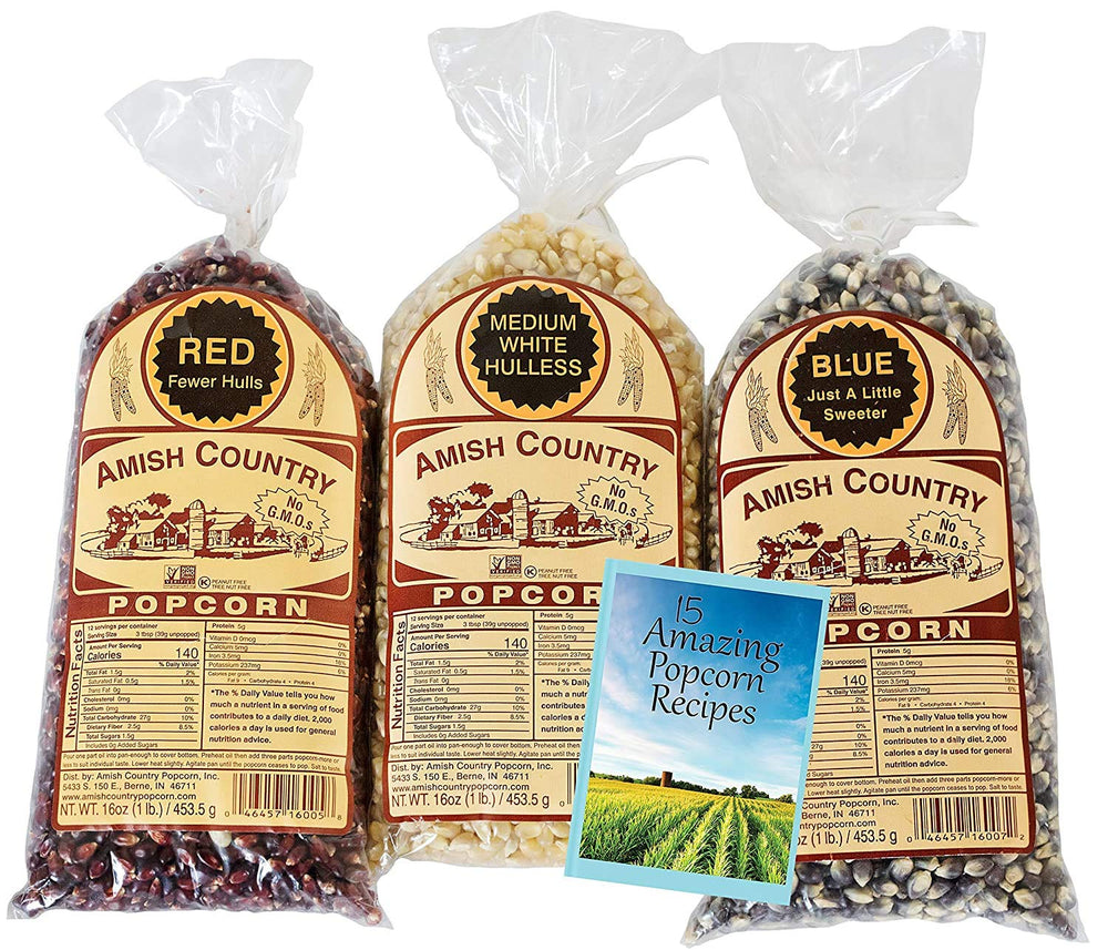 Amish Country Popcorn non-GMO and gluten-free label supports mindful snacking.