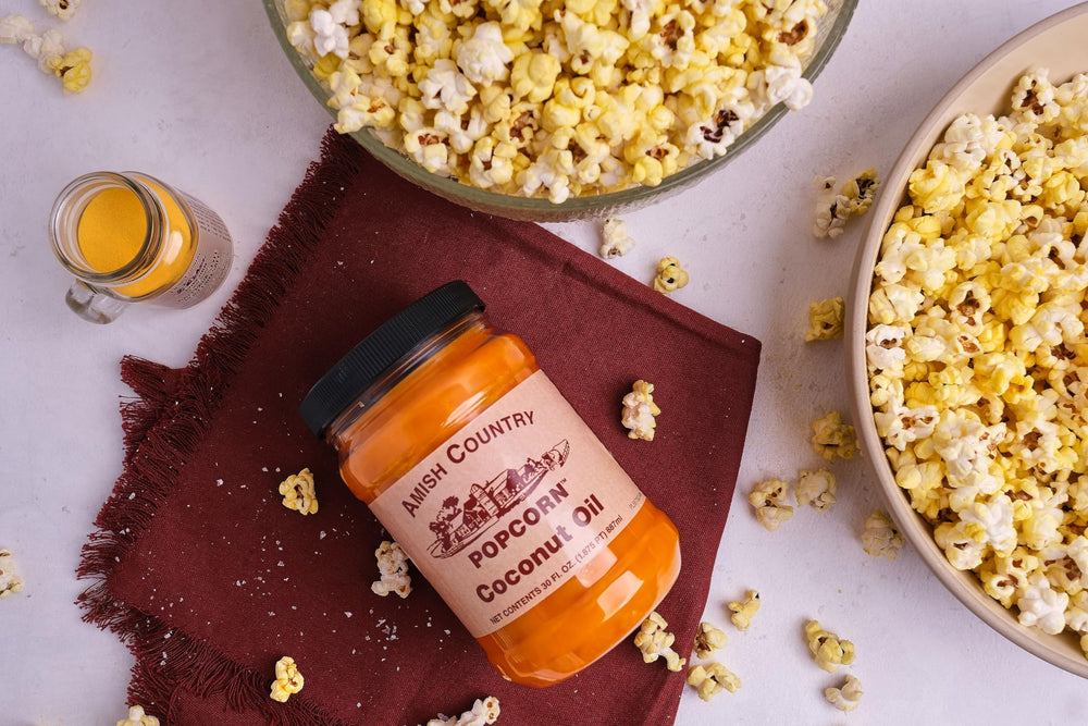 Amish Country Popcorn non-GMO gluten-free label for conscious snacking.