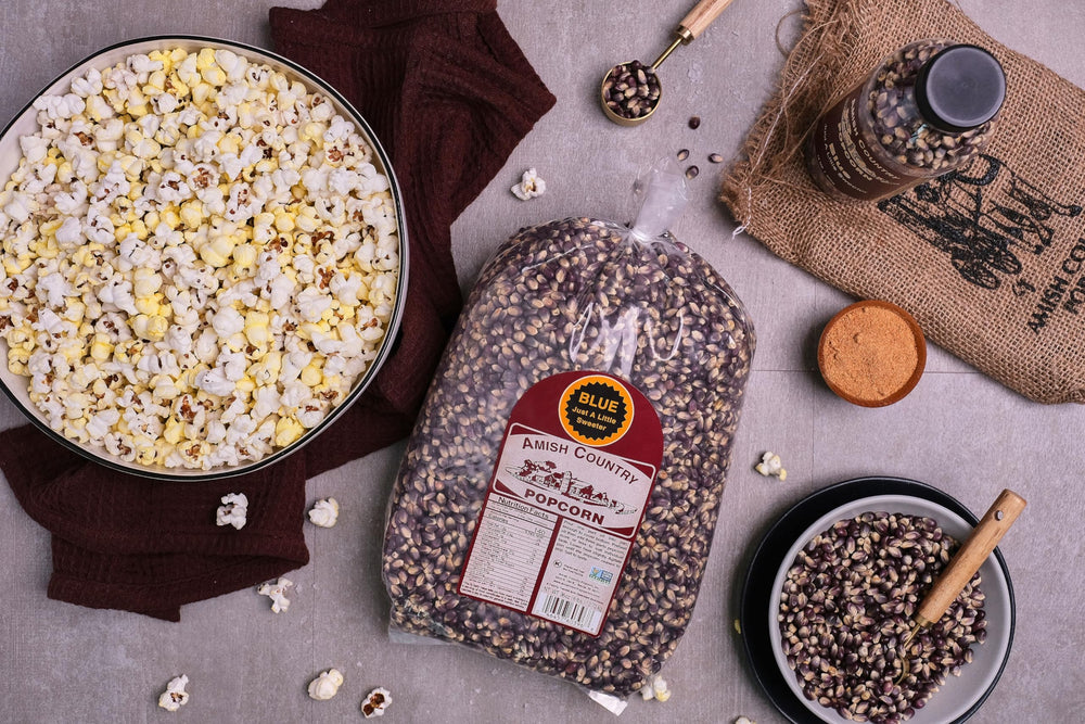 Non-GMO and gluten-free labeling on Amish Country Popcorn.