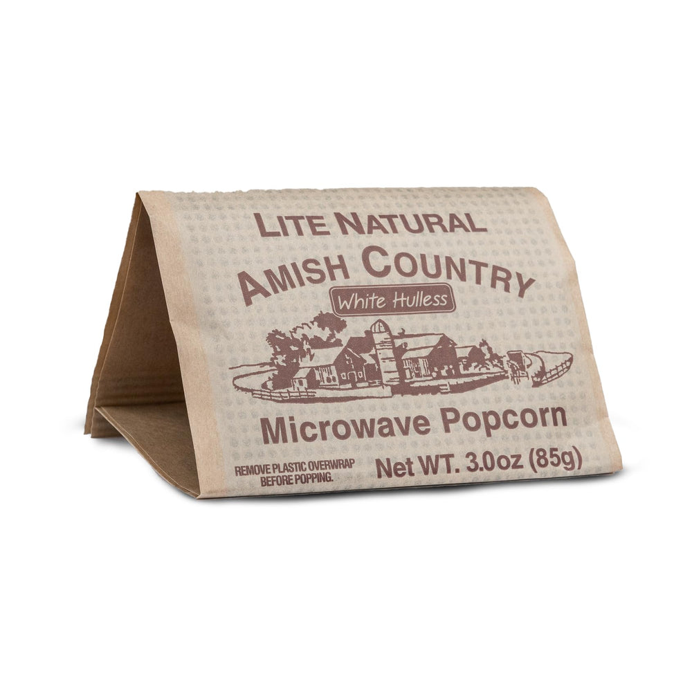 Amish Country Popcorn non-GMO gluten-free label on a bag for mindful snacking.