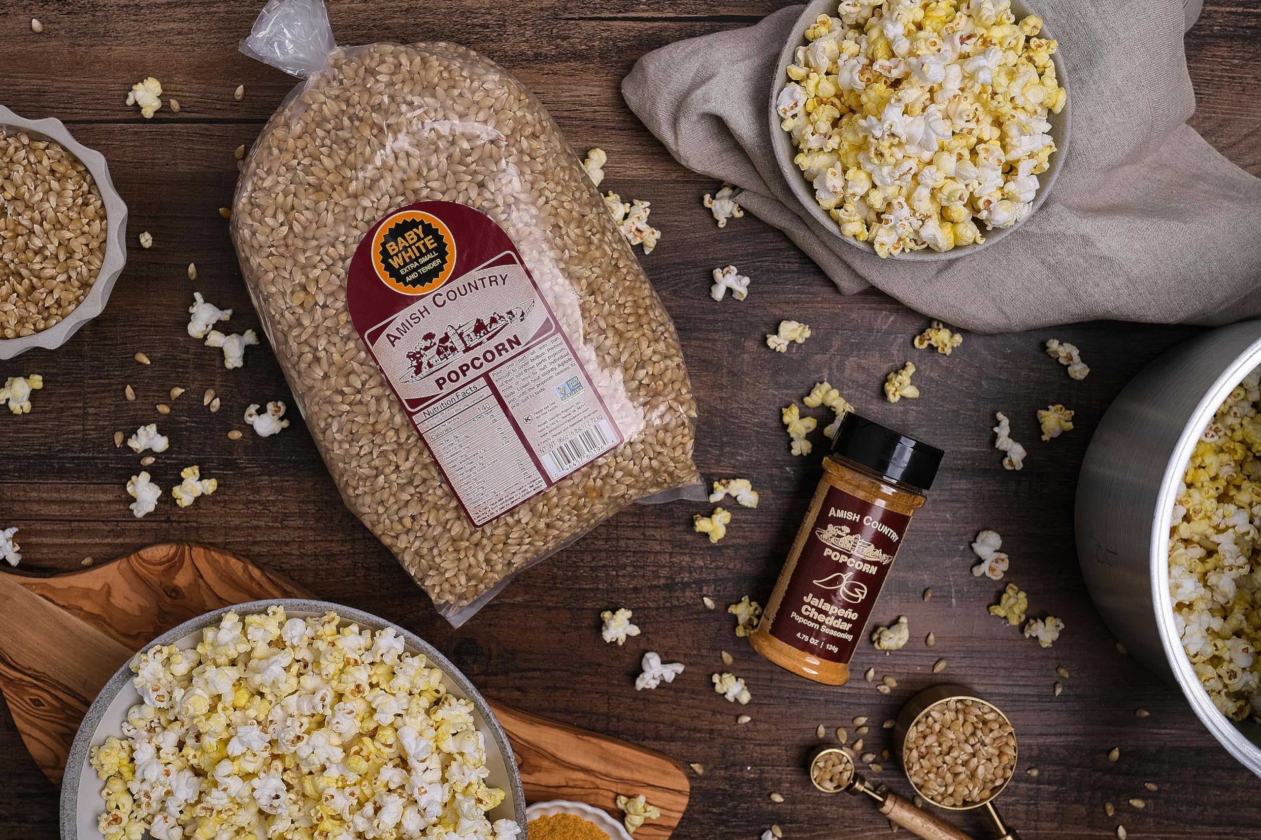 Amish Country Popcorn label shows non-GMO and gluten-free.