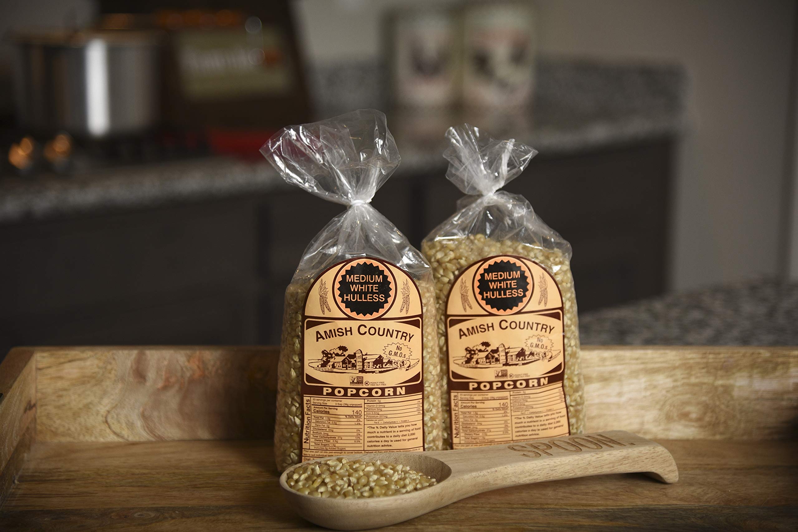Amish Country Popcorn non-GMO gluten-free badge, suitable for gluten-free snacking.