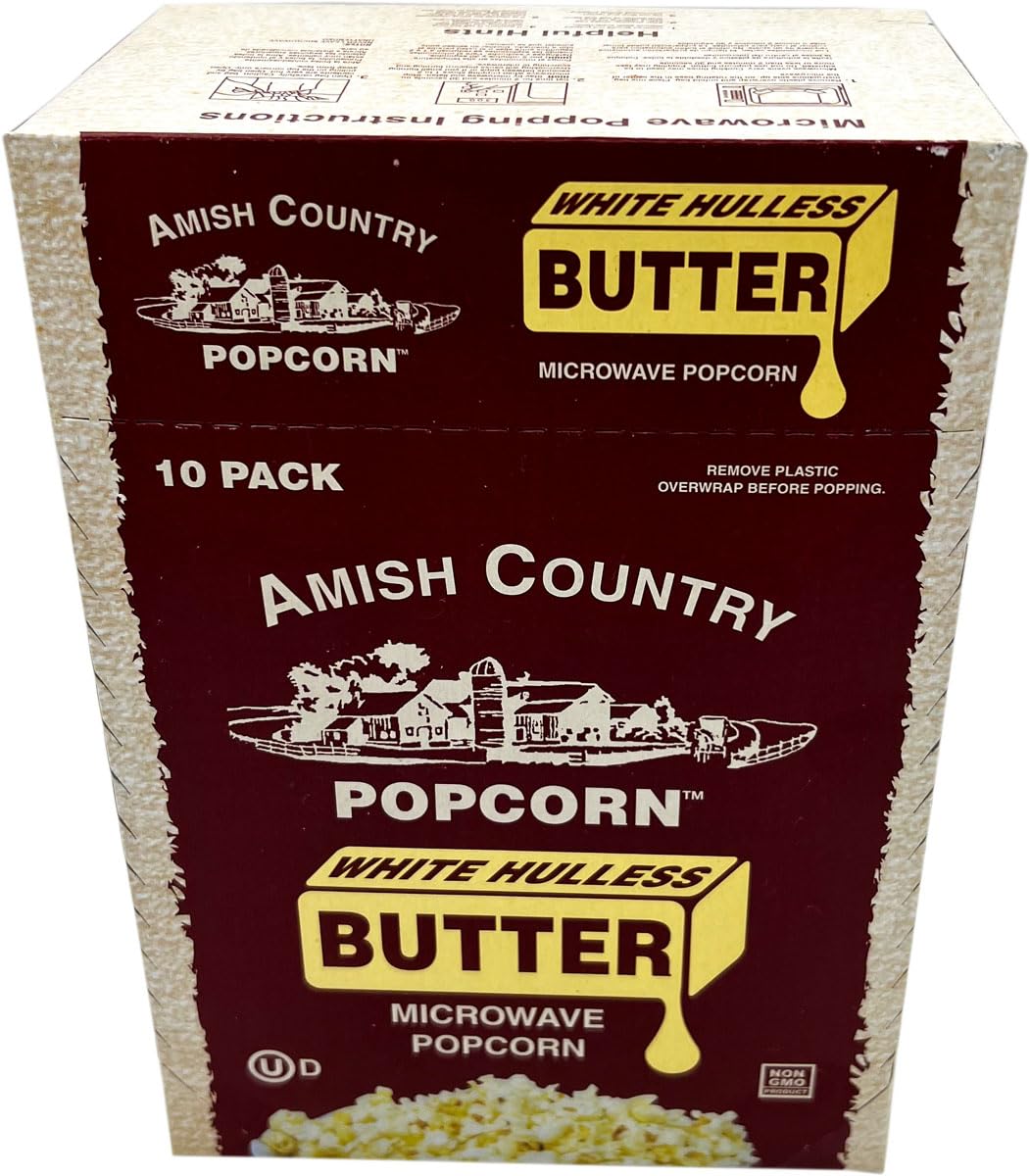 Amish Country Popcorn nut-free and gluten-free labeling on bag.