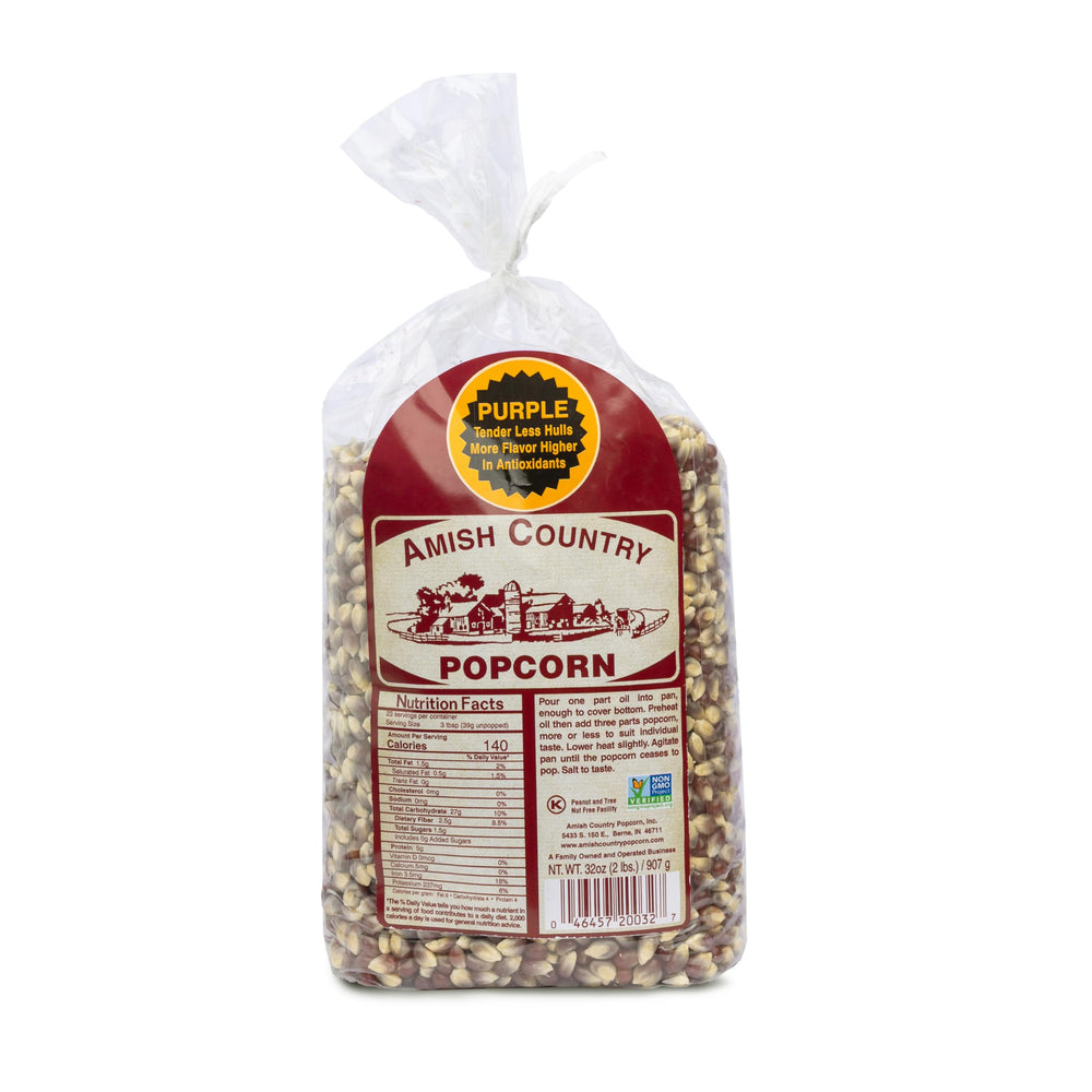 Amish Country Popcorn purple kernels in a bag ideal for gourmet snacking.