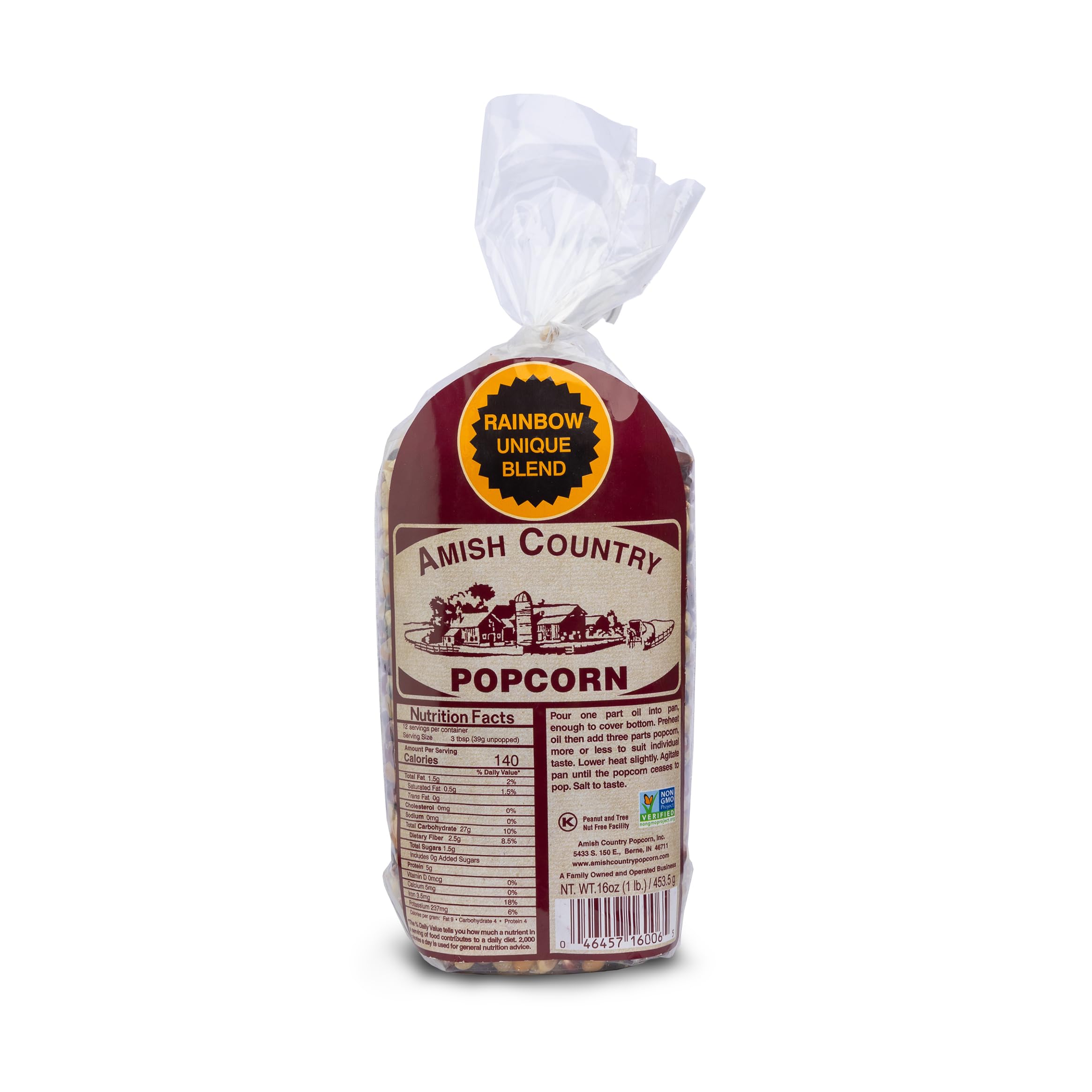 Amish Country Popcorn Rainbow kernels in a 1 lb bag, vibrant, perfect for snacking.