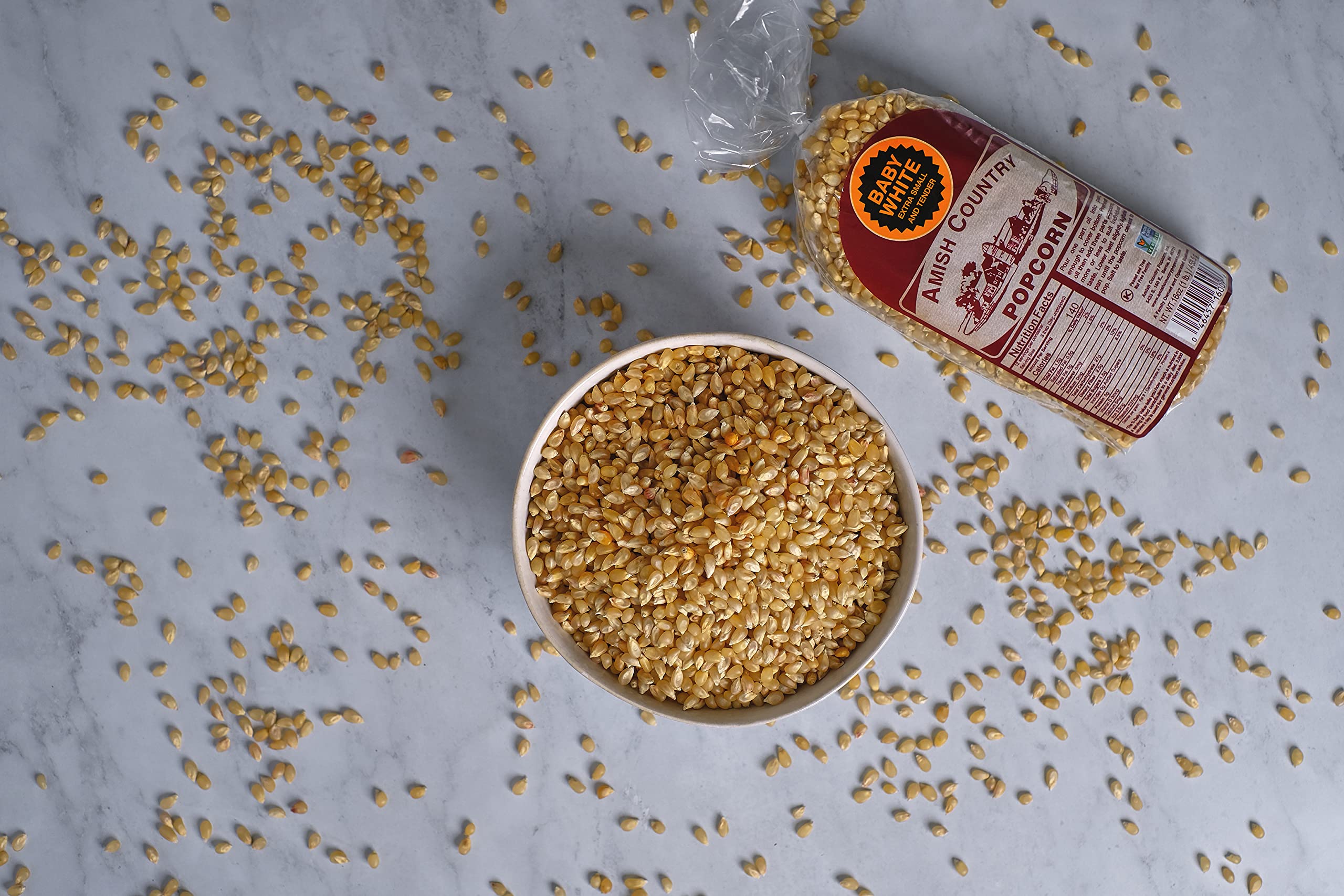 Bowl of freshly popped Amish Country Popcorn using baby white kernels.