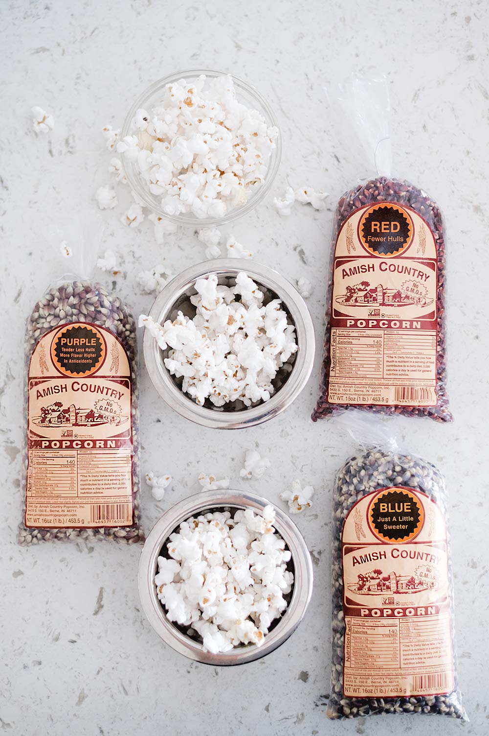 Amish Country Popcorn red kernel bag delivers crisp classic flavor.
