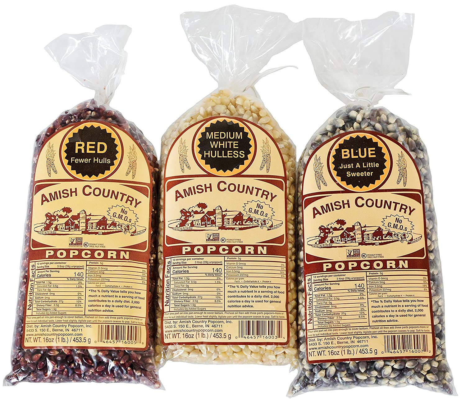 Amish Country Popcorn red kernels for a quick, crisp snack.