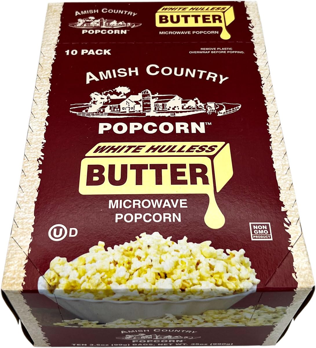 Amish Country Popcorn serving bowl filled with golden, buttery popcorn.