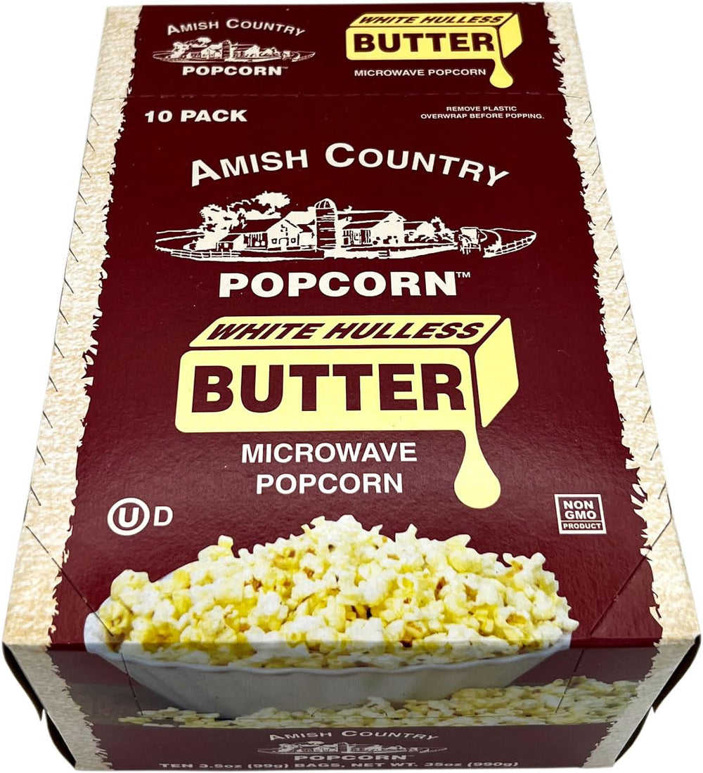 Amish Country Popcorn serving bowl filled with golden, buttery popcorn.