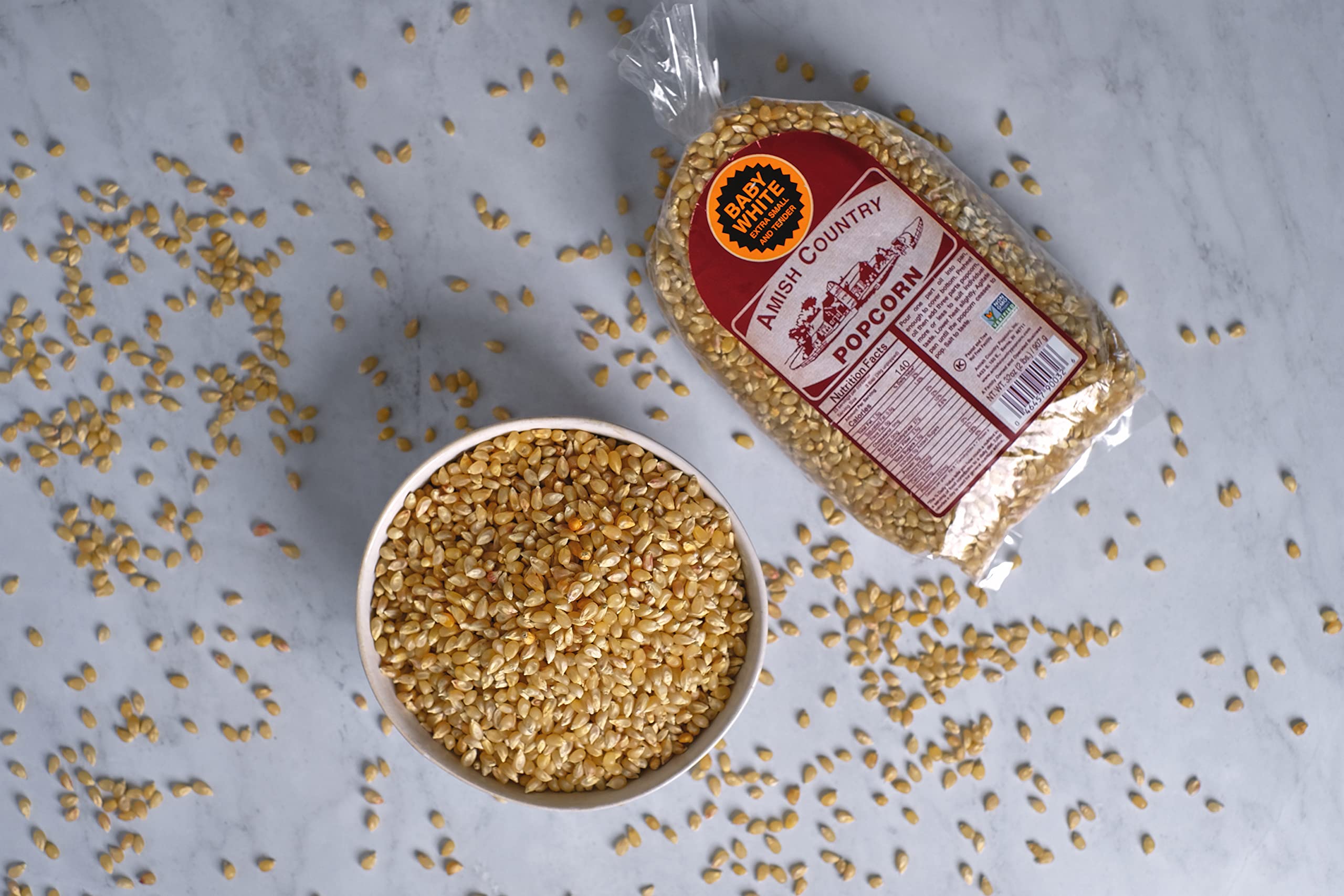 Amish Country Popcorn small and tender kernels ideal for fluffy popcorn.