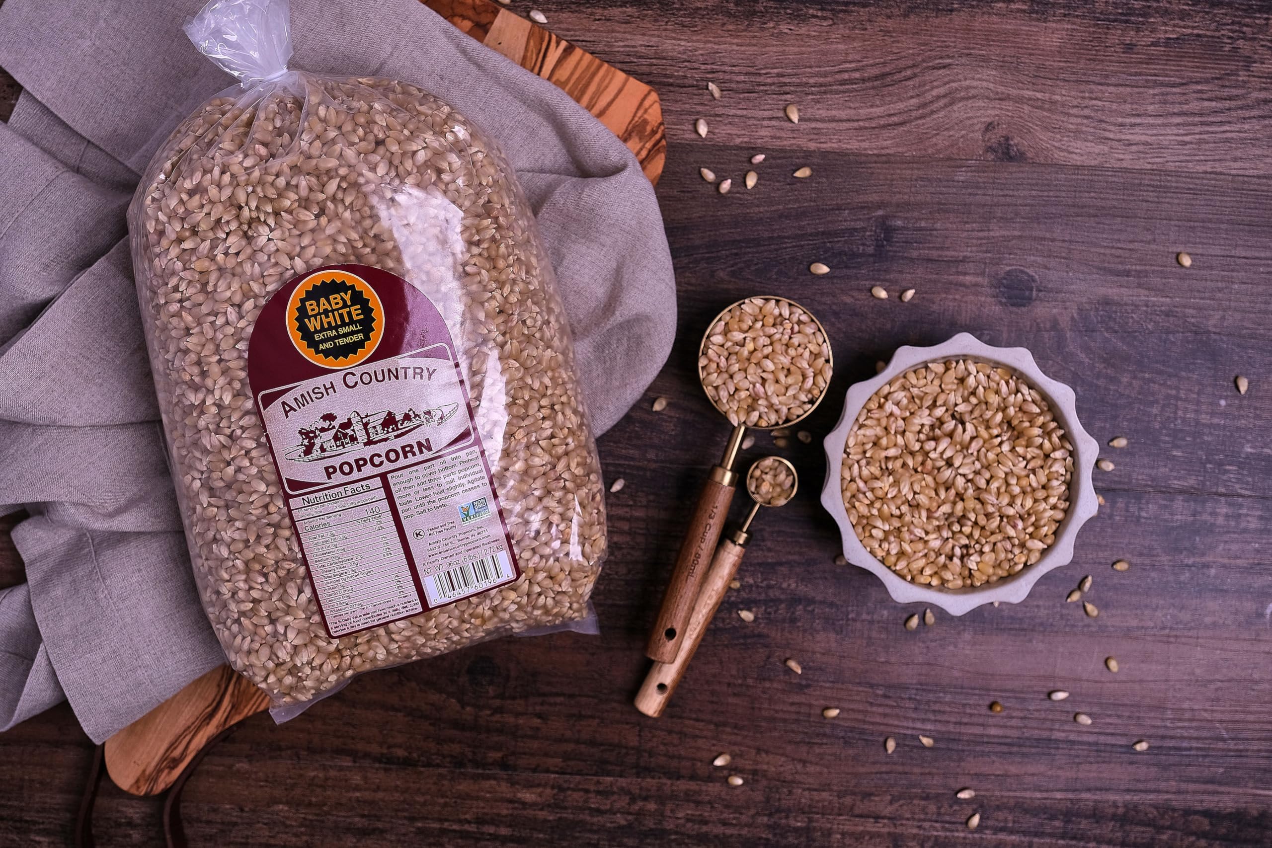Amish Country Popcorn small and tender kernels ideal for fluffy popcorn.