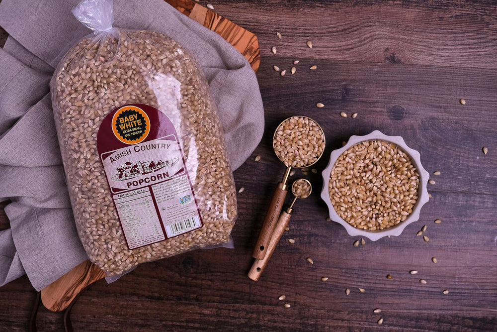 Amish Country Popcorn small and tender kernels ideal for fluffy popcorn.