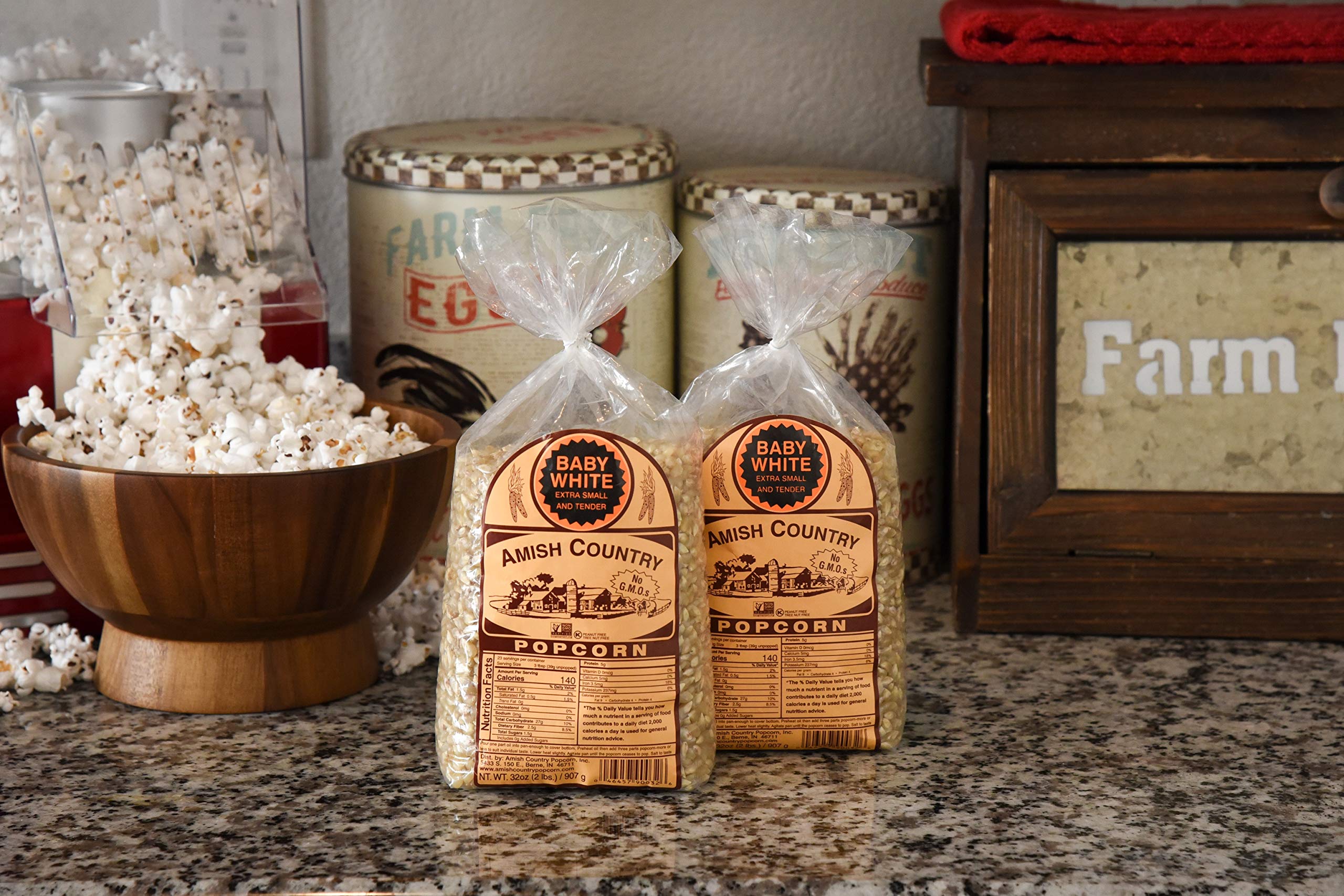Amish Country Popcorn storage container image emphasizes cool, dry storage for freshness