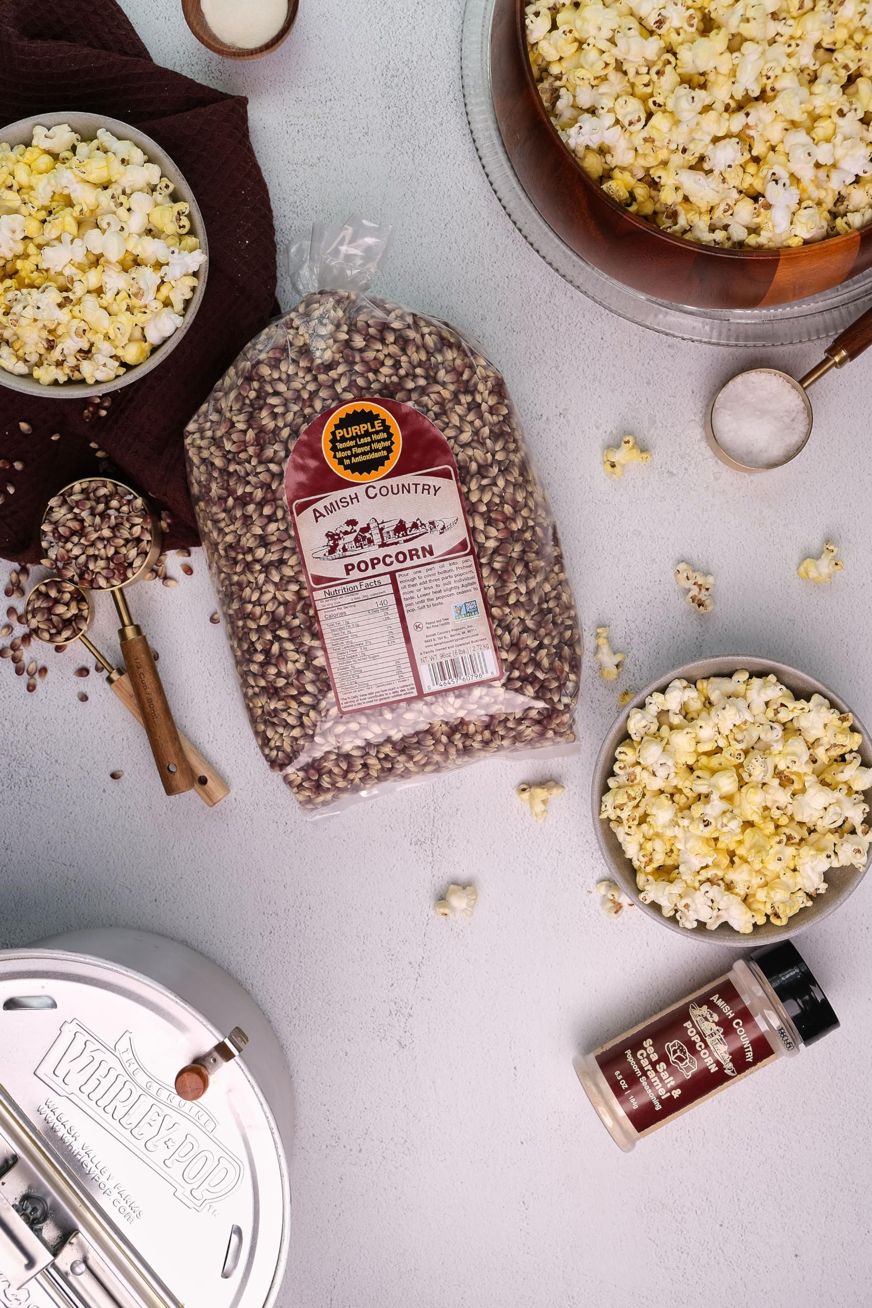 Amish Country Popcorn label confirms tree nut and peanut free snacking.
