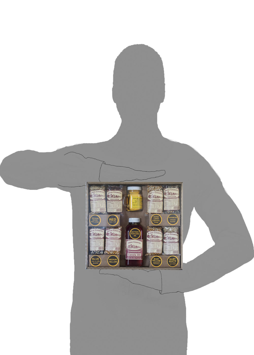 Amish Country Popcorn tree nut and peanut free packaging for allergy safety.
