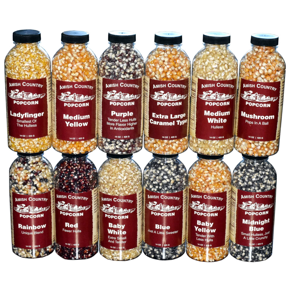 Amish Country Popcorn variety bundle bottles showcase assorted kernels for home popping