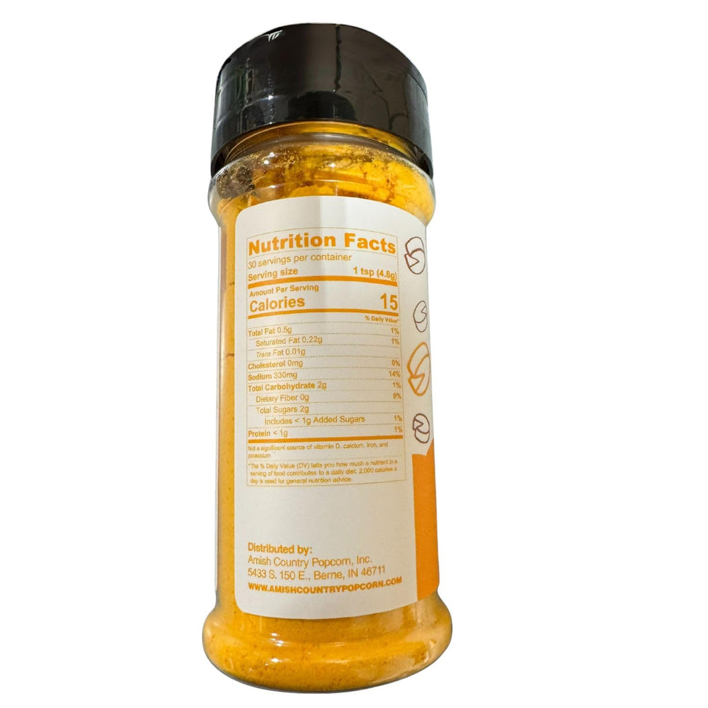 Amish Country Popcorn white cheddar seasoning canister adds tangy cheese notes.