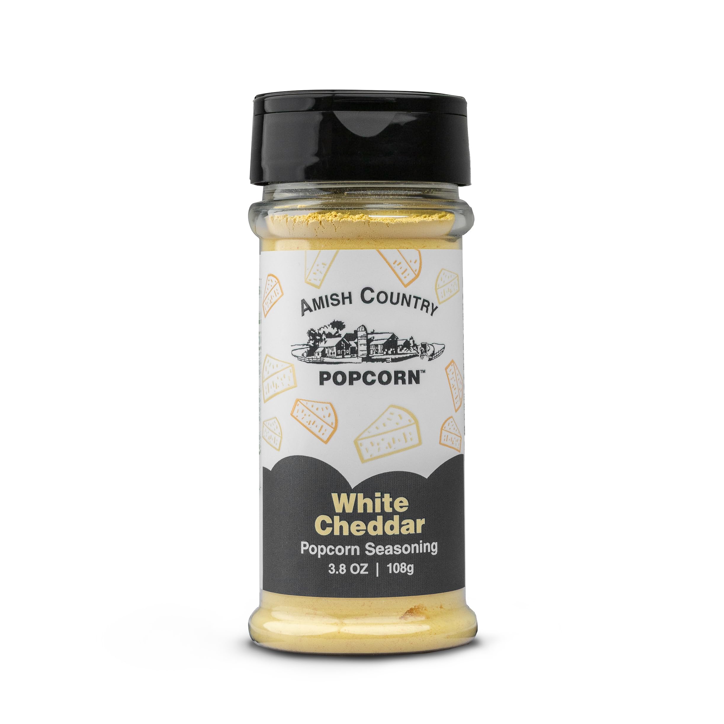 Amish Country Popcorn White Cheddar Seasoning jar enhances popcorn flavor for movie nights
