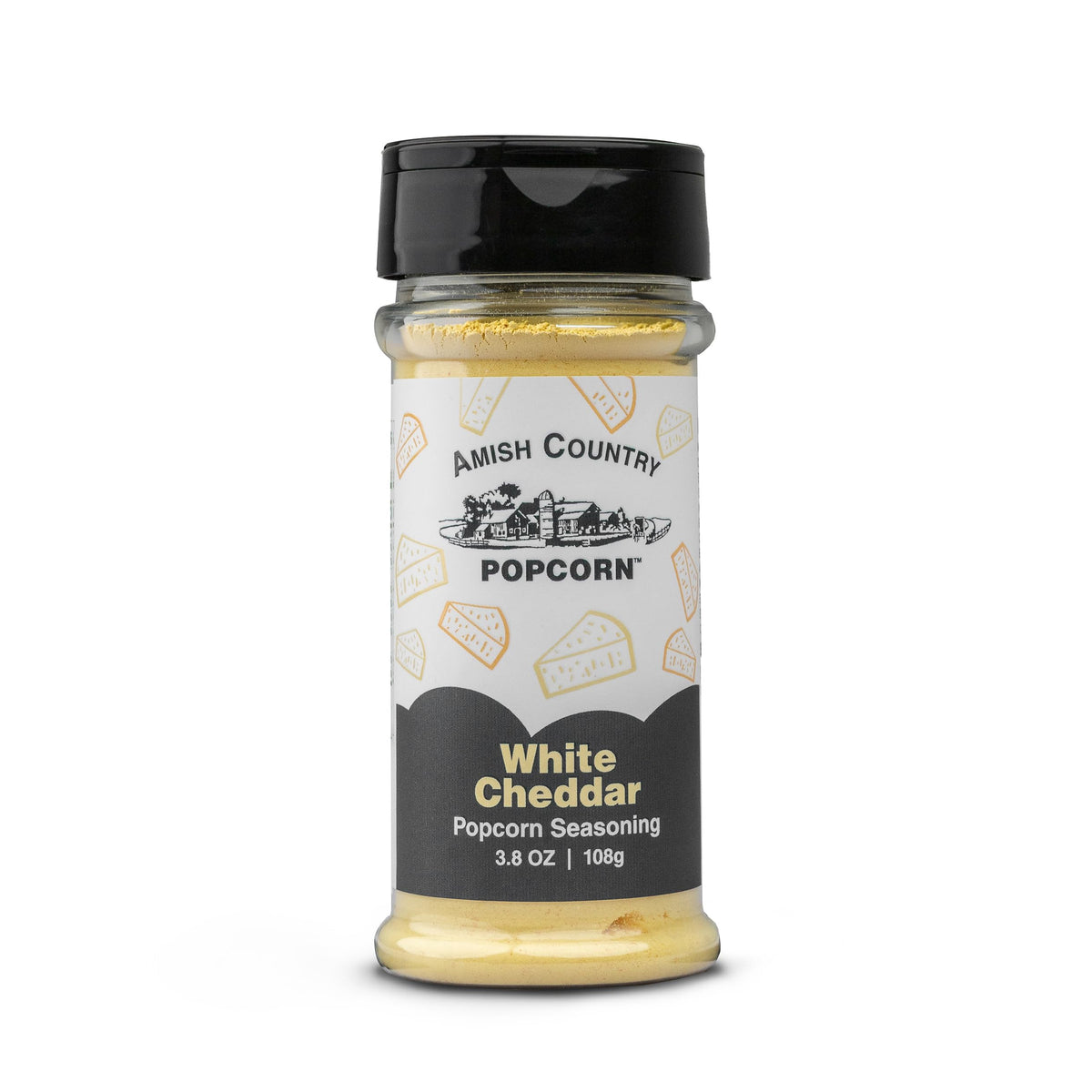 Amish Country Popcorn White Cheddar Seasoning jar enhances popcorn flavor for movie nights