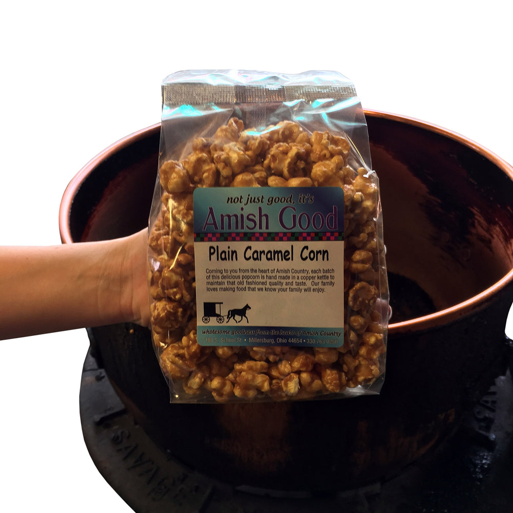 Amish Good 10oz package showcases gift-ready caramel popcorn.