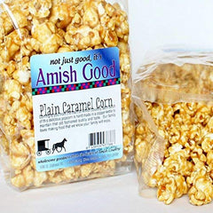 Amish Good caramel popcorn bag close-up, two-pack, fresh-snack ready