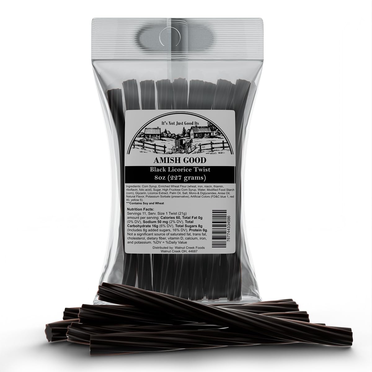 Amish Good Gourmet Licorice Twist Candy pack front shows premium chewy treats for sharing.