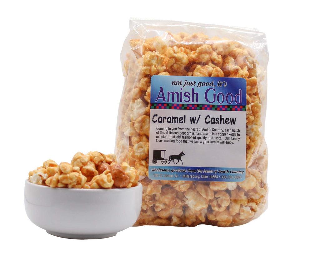 Amish Good hand-stirred caramel popcorn in copper kettles for a gourmet crunch
