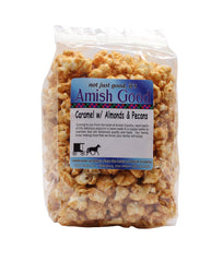 Amish Good premium caramel popcorn in a bag for snacking.