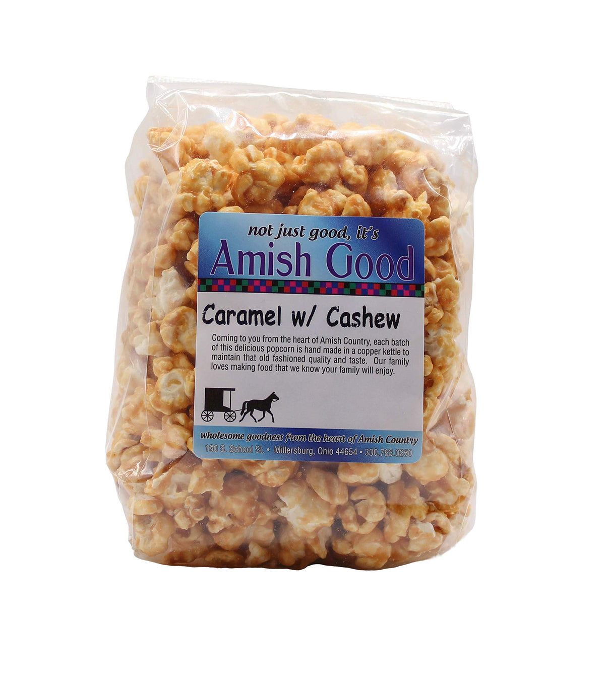 Amish Good premium caramel popcorn with cashews in bag front—rich flavor promise