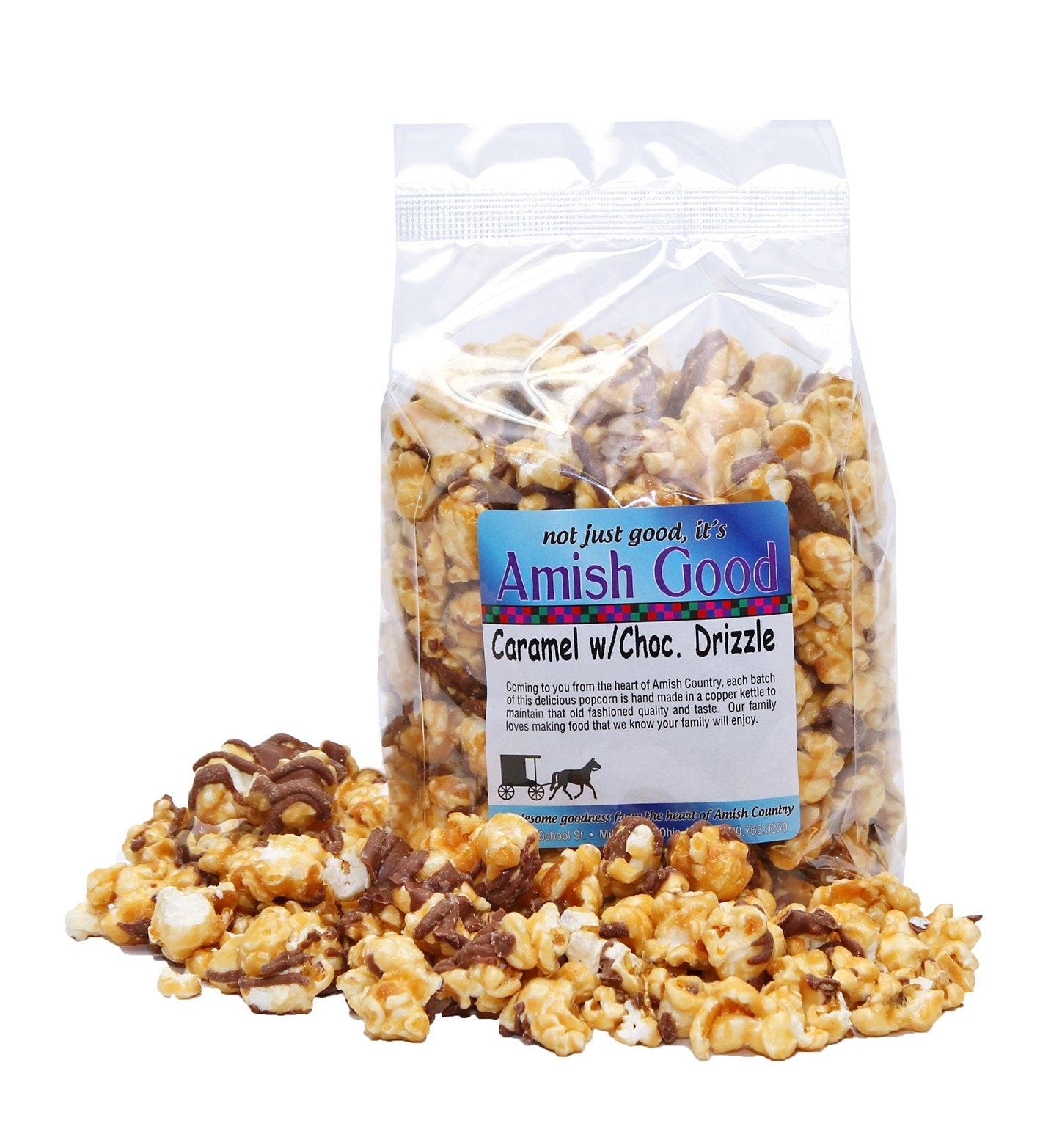 Amish Good premium caramel popcorn with chocolate drizzle, ready for sharing
