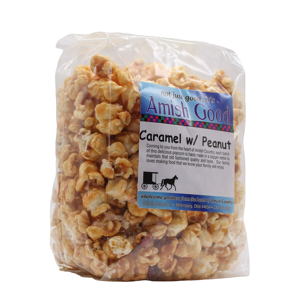 Amish Good premium caramel popcorn with peanuts in a 12oz bag for flavorful snacking