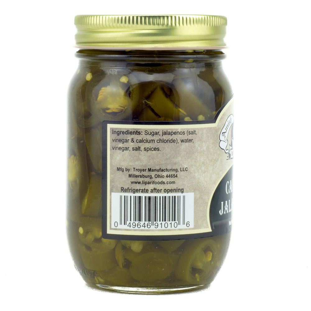 Gift-ready Amish Wedding Candied Jalapeños jar with ribbon and label.
