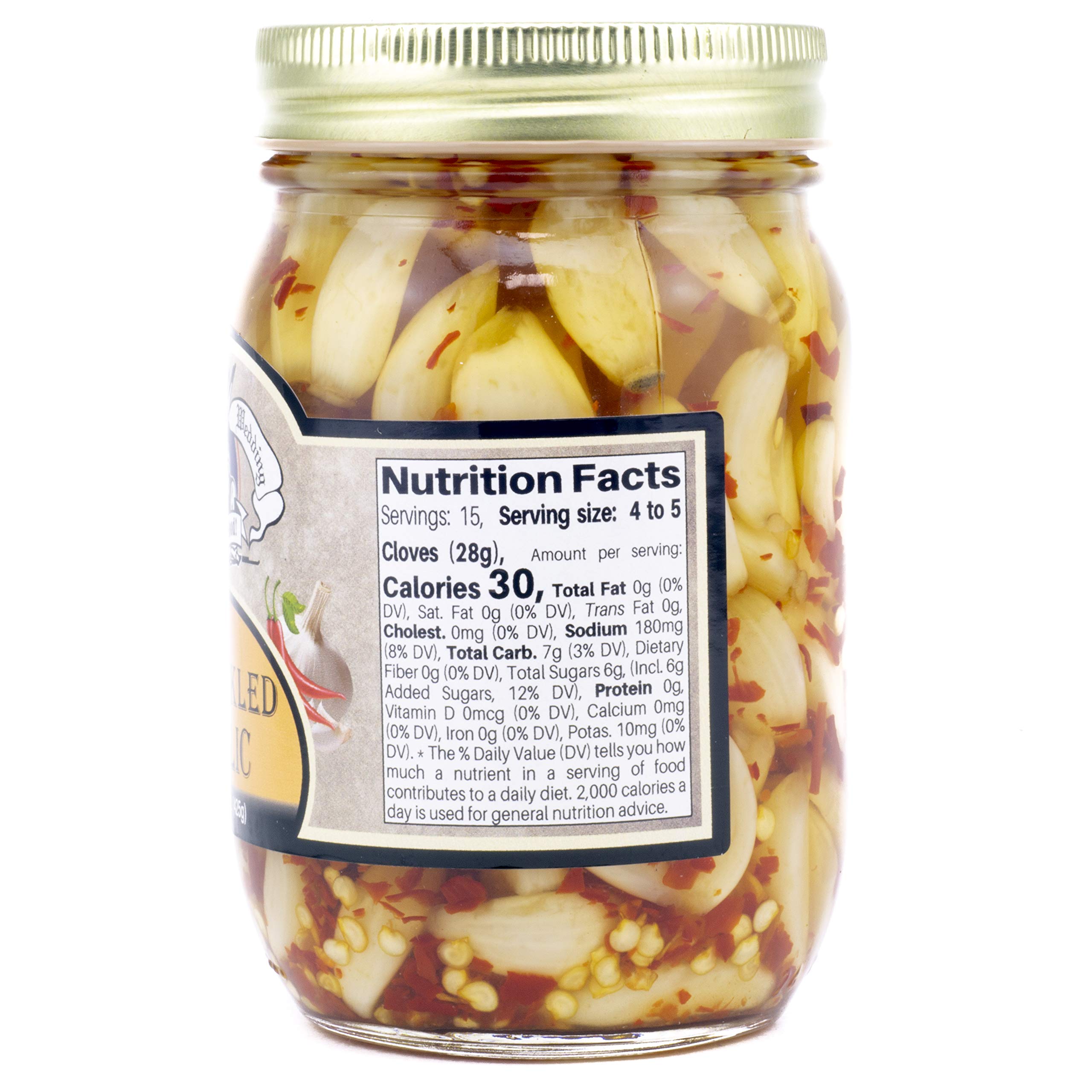 Amish Wedding hot-pickled garlic jar 2 boosts flavor on cheese boards.
