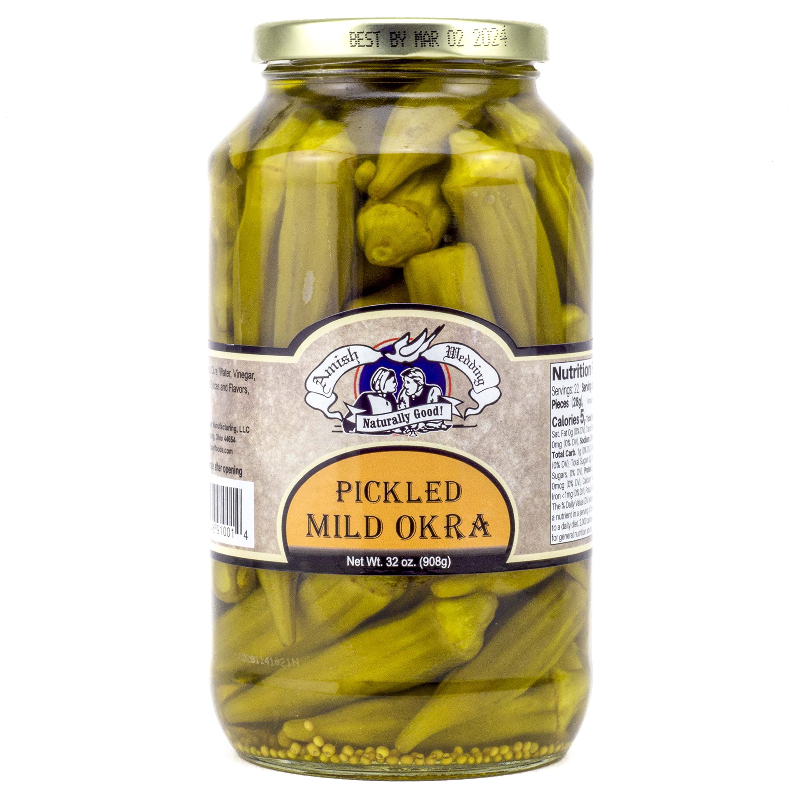 Amish Wedding mild pickled okra closeup, vibrant brine and texture.