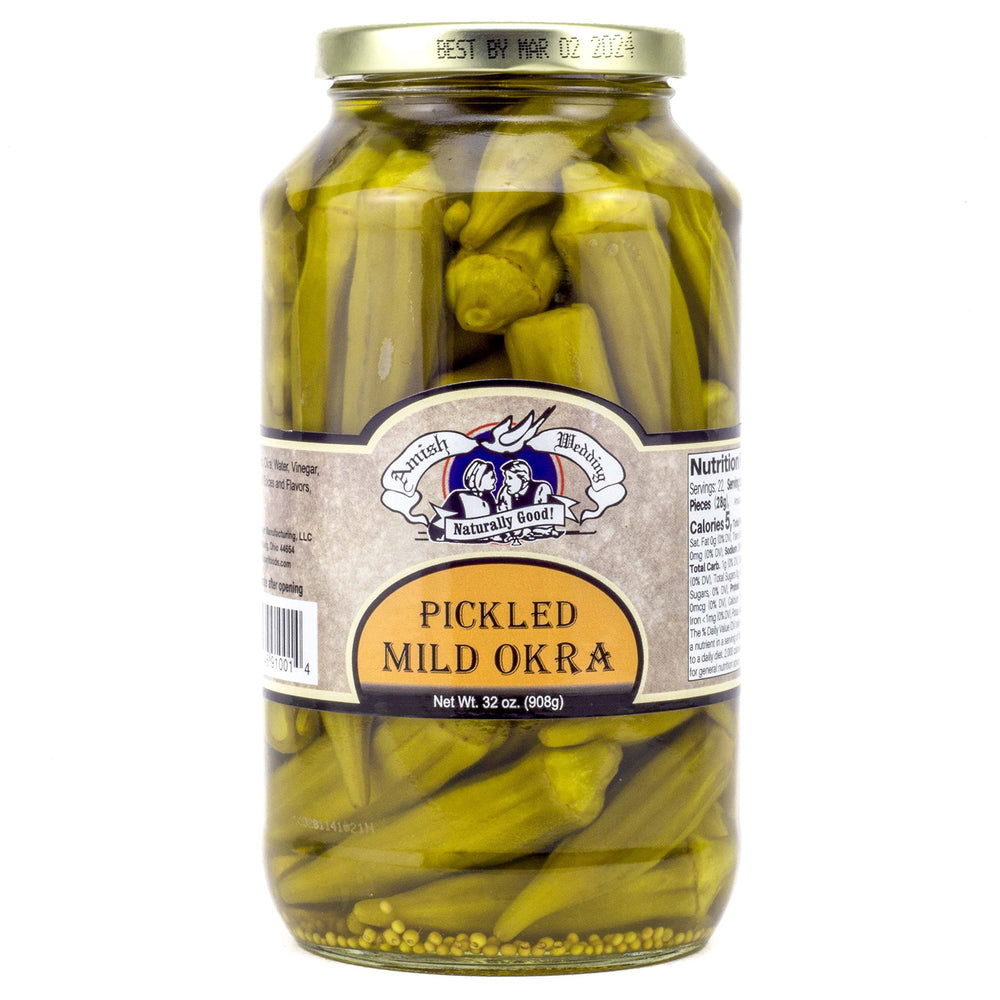 Amish Wedding mild pickled okra closeup, vibrant brine and texture.