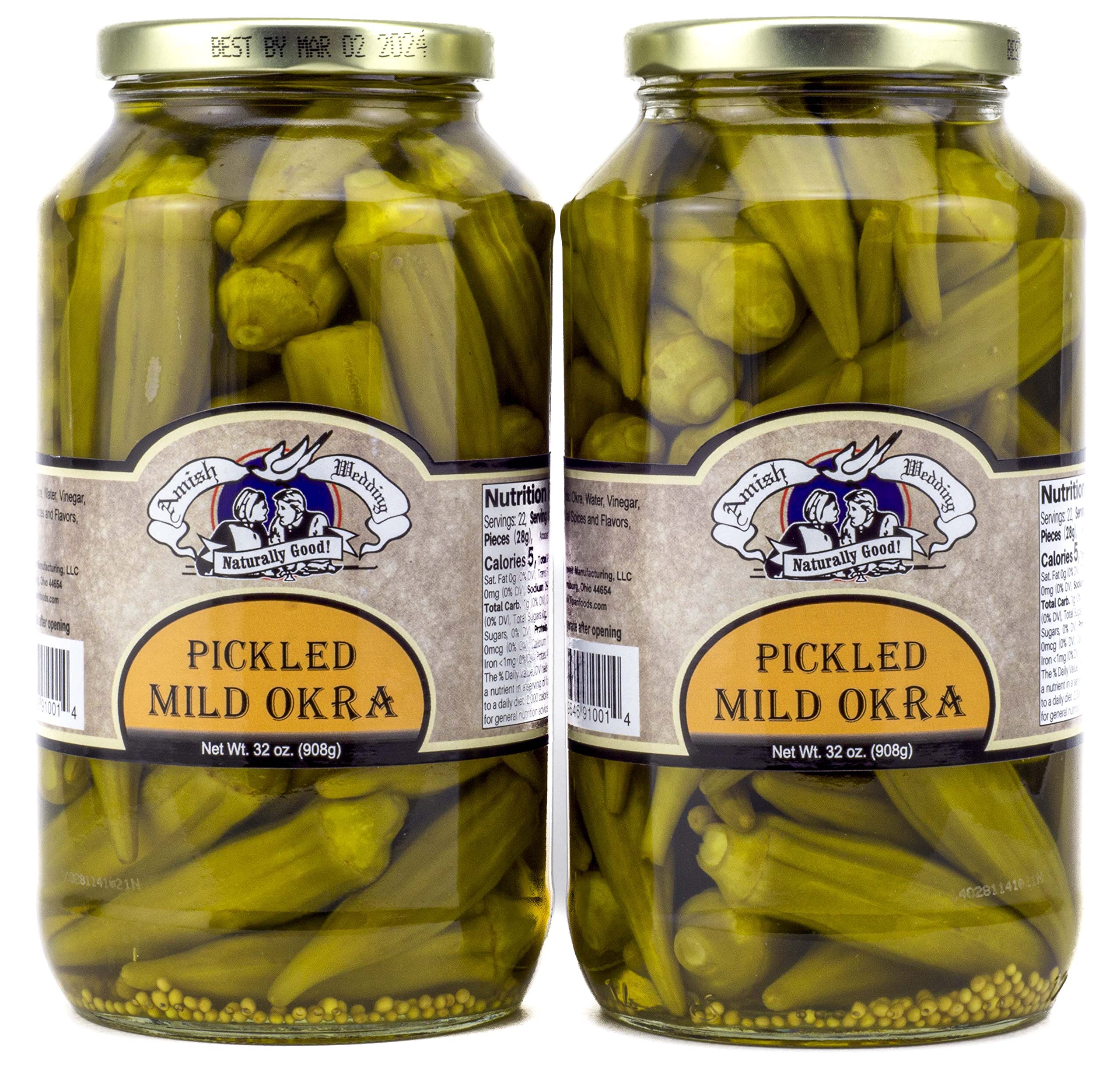 Amish Wedding mild pickled okra jar, crisp and snack-ready.