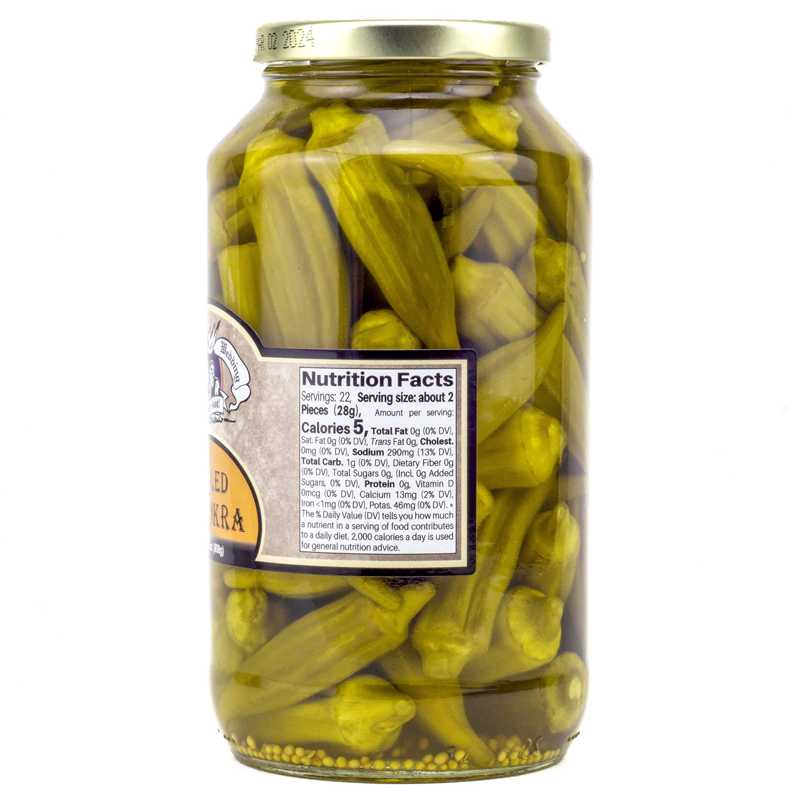 Amish Wedding mild pickled okra label, pantry trusted.