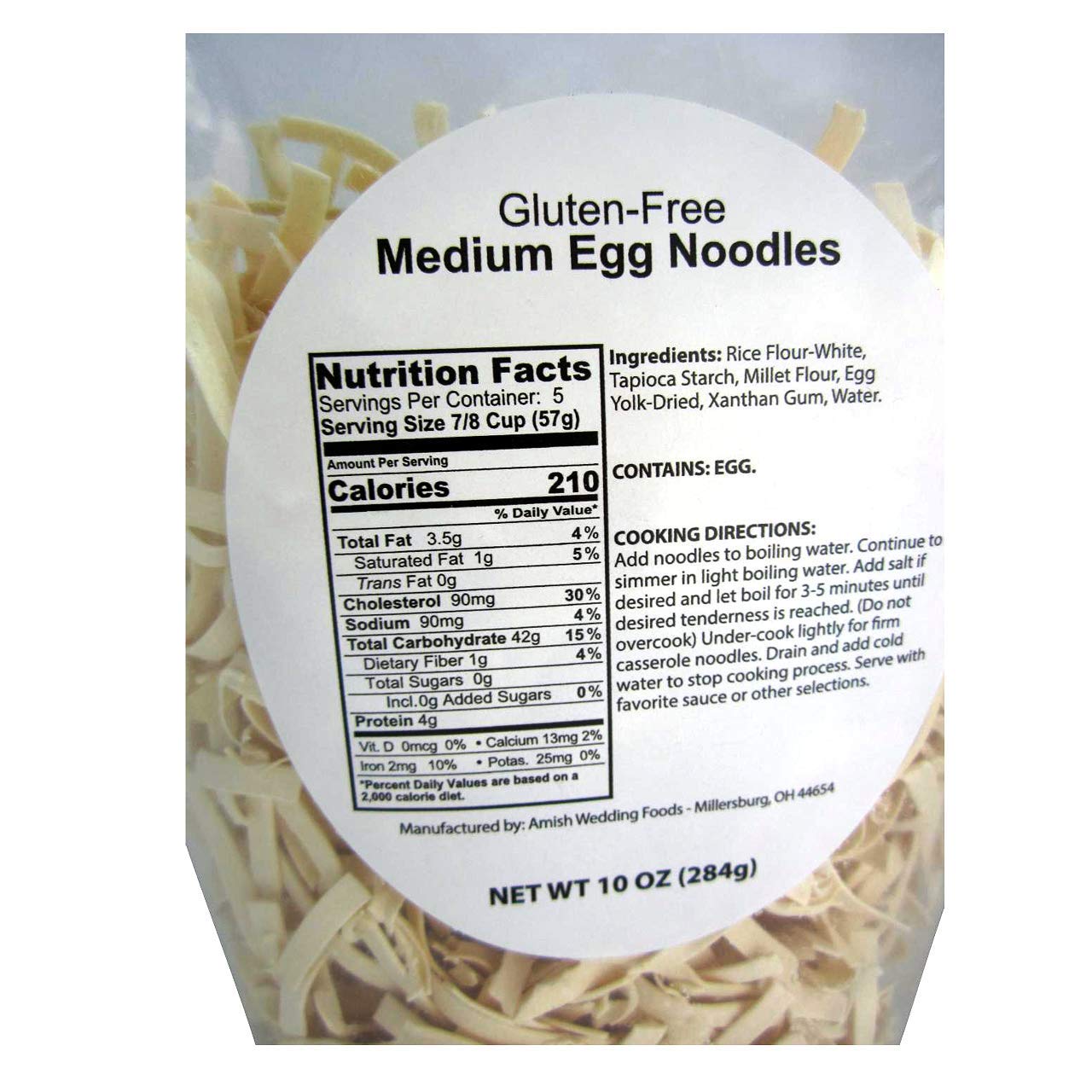 Amish Wedding noodles ingredients close-up highlighting gluten free status.