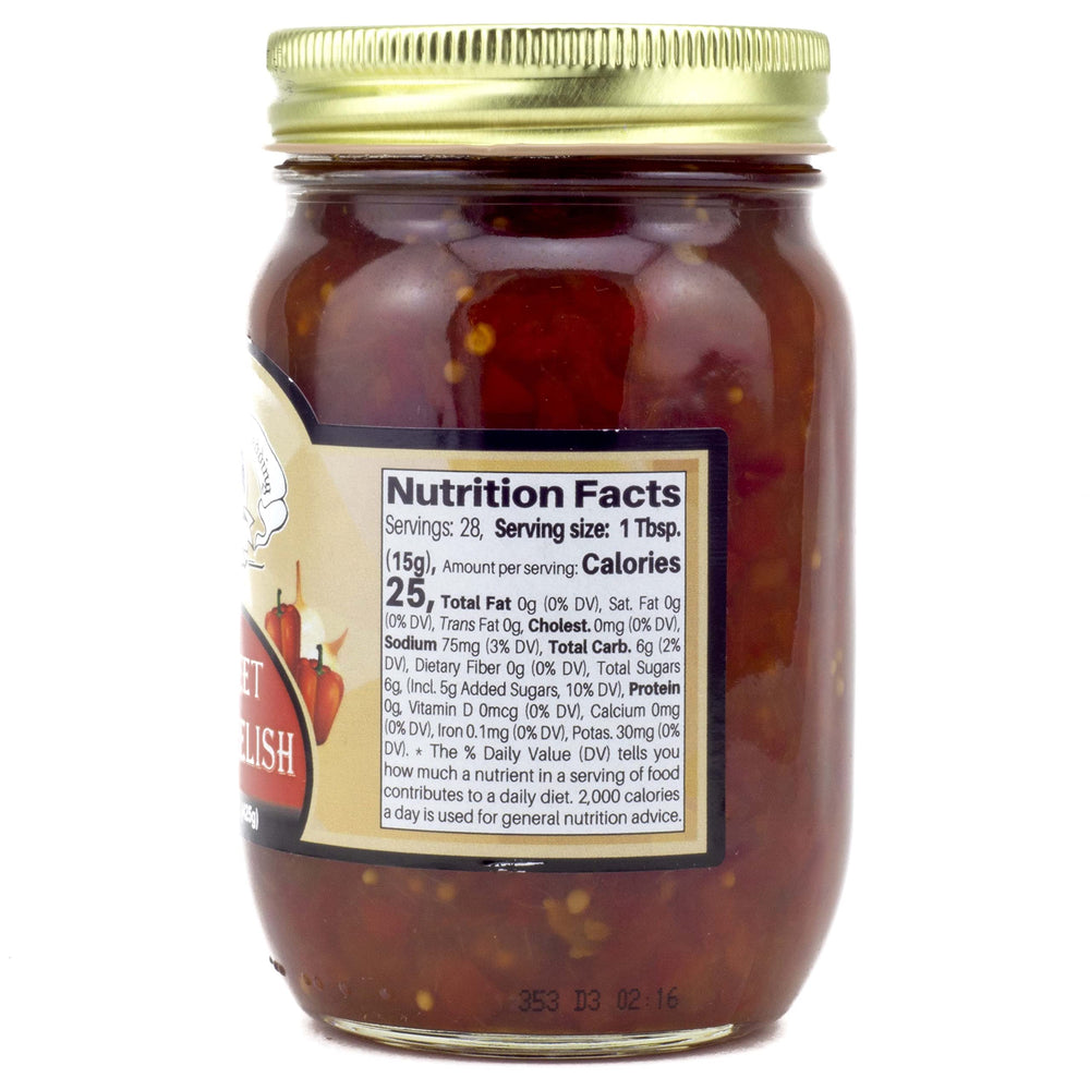 Amish Wedding Red Sweet Pepper Relish bottle pour, ideal glazing and topping ideas