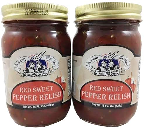 Amish Wedding Red Sweet Pepper Relish jar close-up, vibrant peppers for burgers and sandwiches