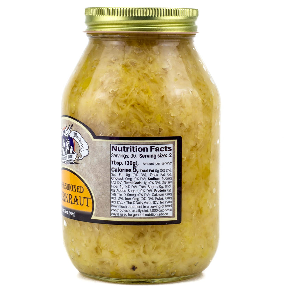 Close-up of the label on Amish Wedding sauerkraut, showcasing traditional handmade quality.