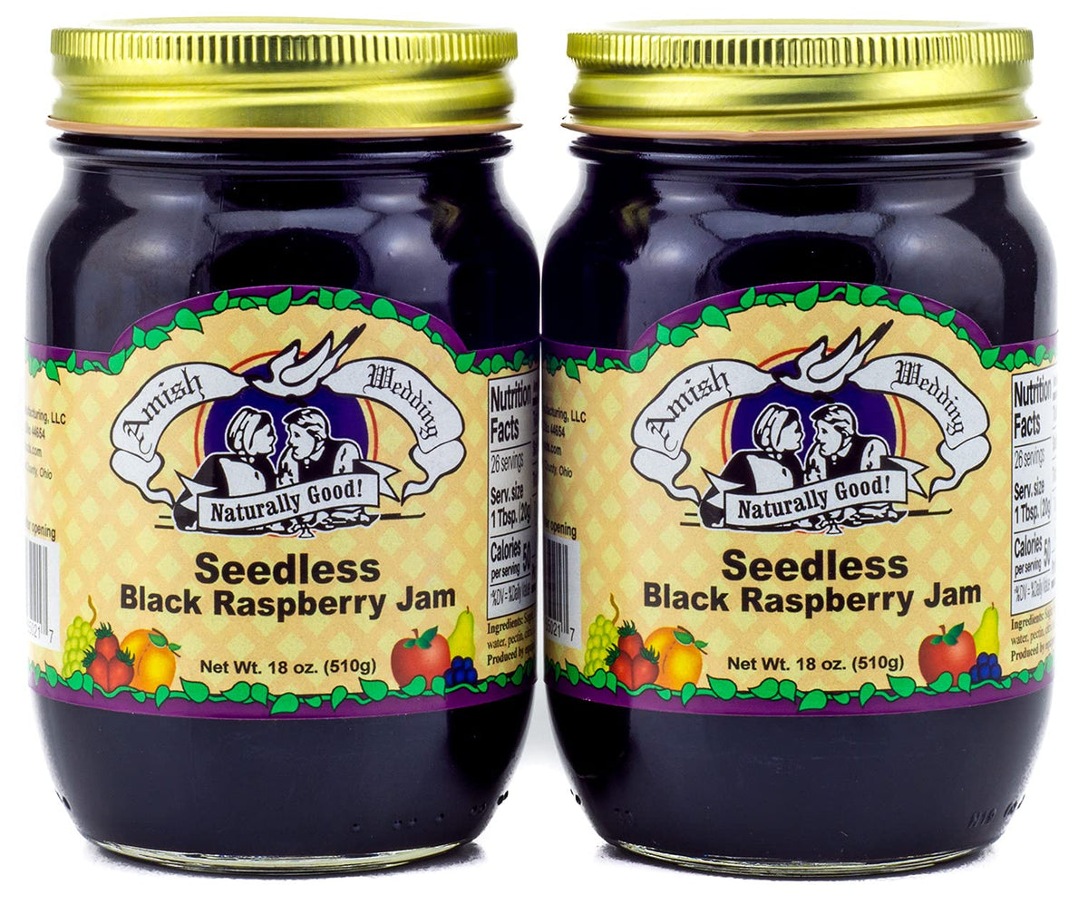 Amish Wedding seedless black raspberry jam jar ready for easy spreading.