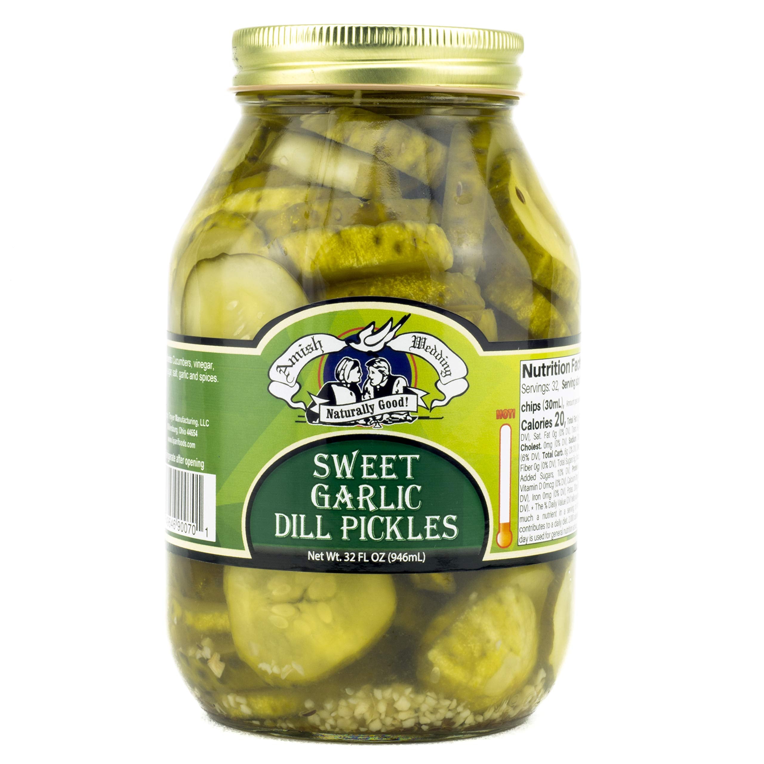 Amish Wedding Sweet Garlic Dill Pickles ready-to-eat in a 32 oz jar, ideal for quick snacking.
