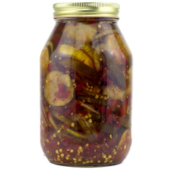 Amish Wedding Zesty Bread & Butter Pickles ingredients label highlights cucumbers and peppers.