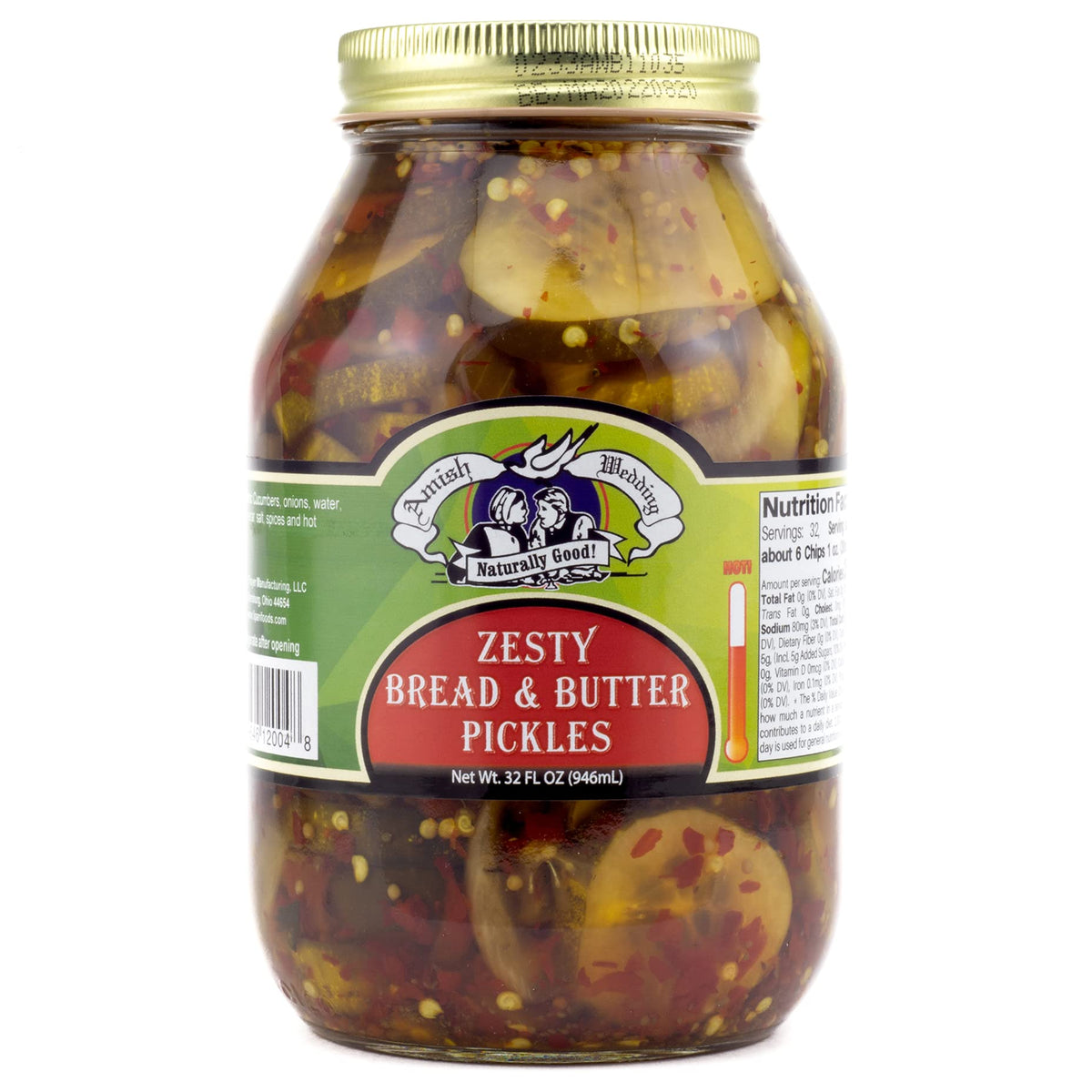 Amish Wedding Zesty Bread & Butter Pickles jar label close-up for flavorful meals.