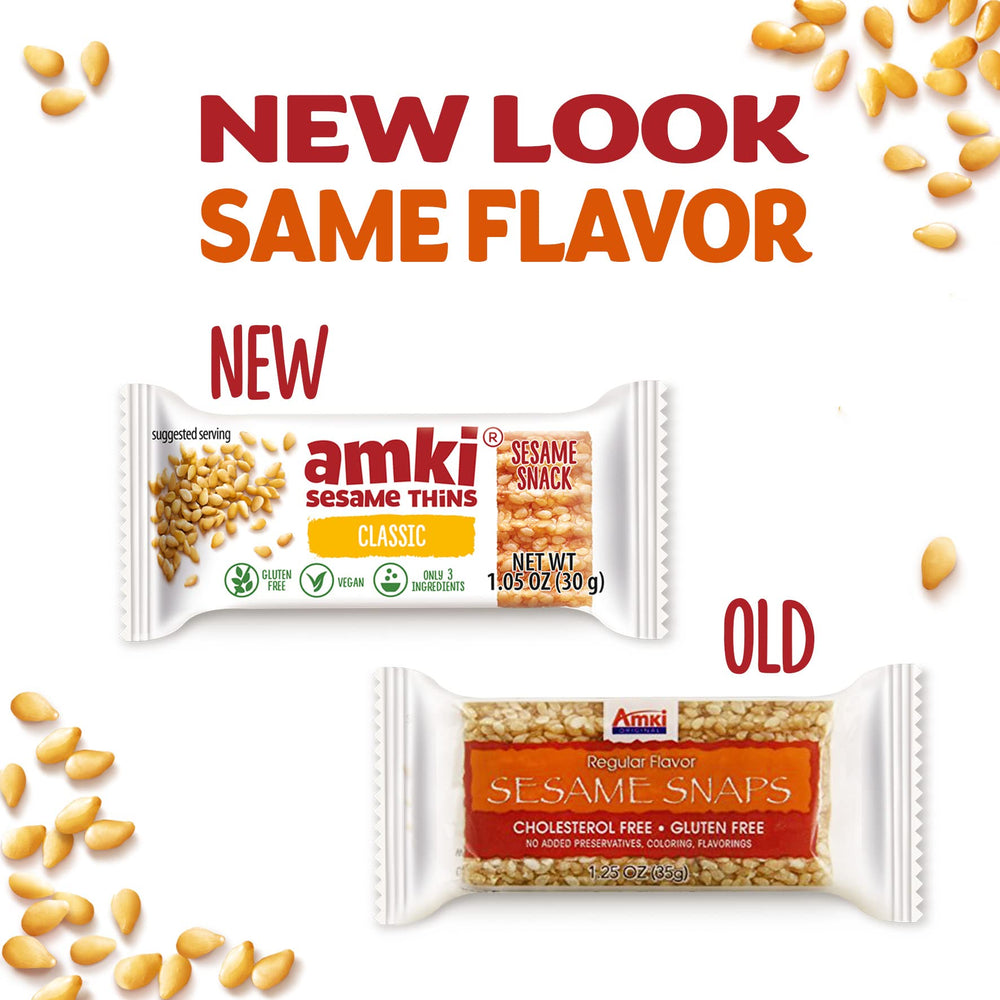 Amki Sesame Snaps gluten-free label for dietary needs.