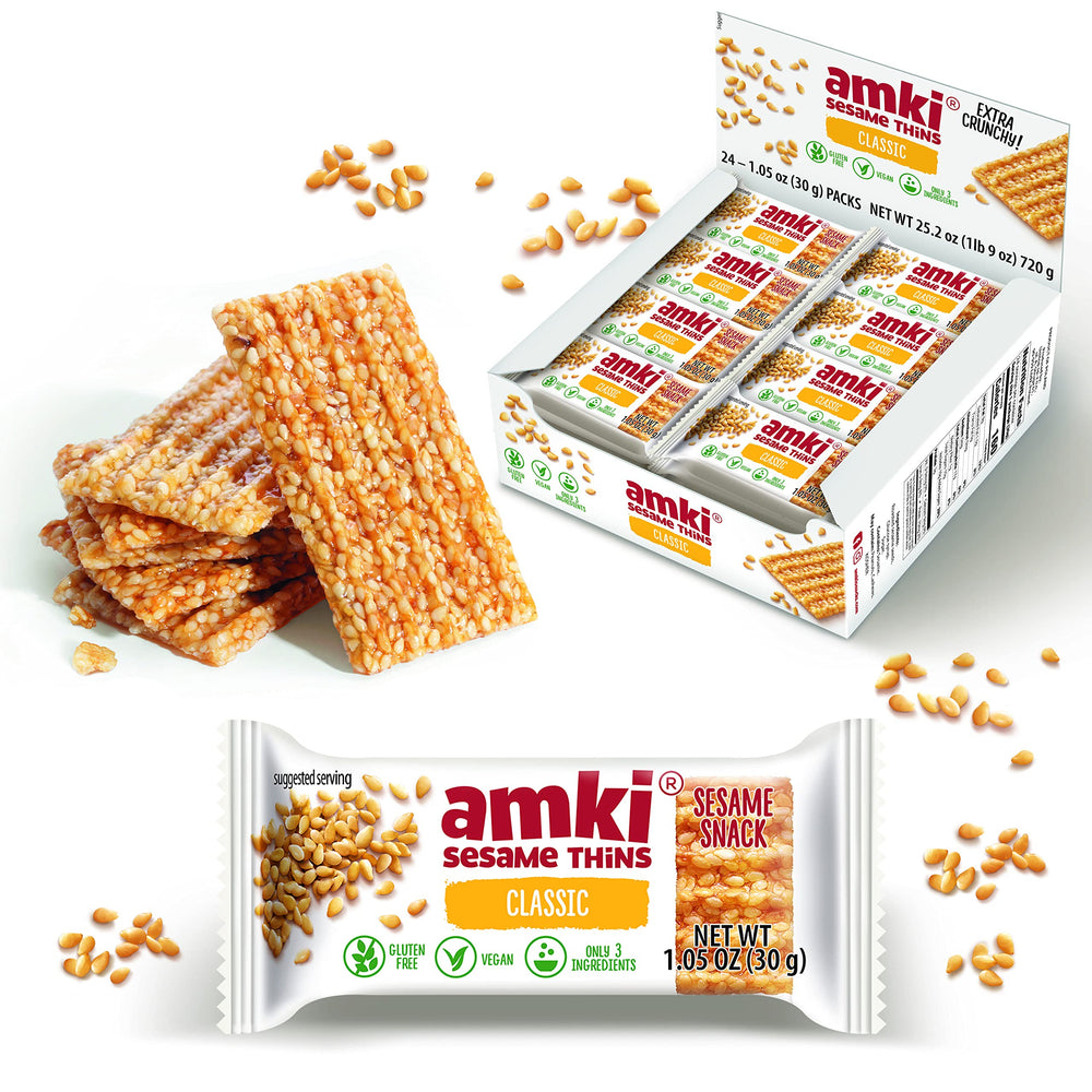 Amki Sesame Snaps original close-up shows crisp sesame texture for snacking.